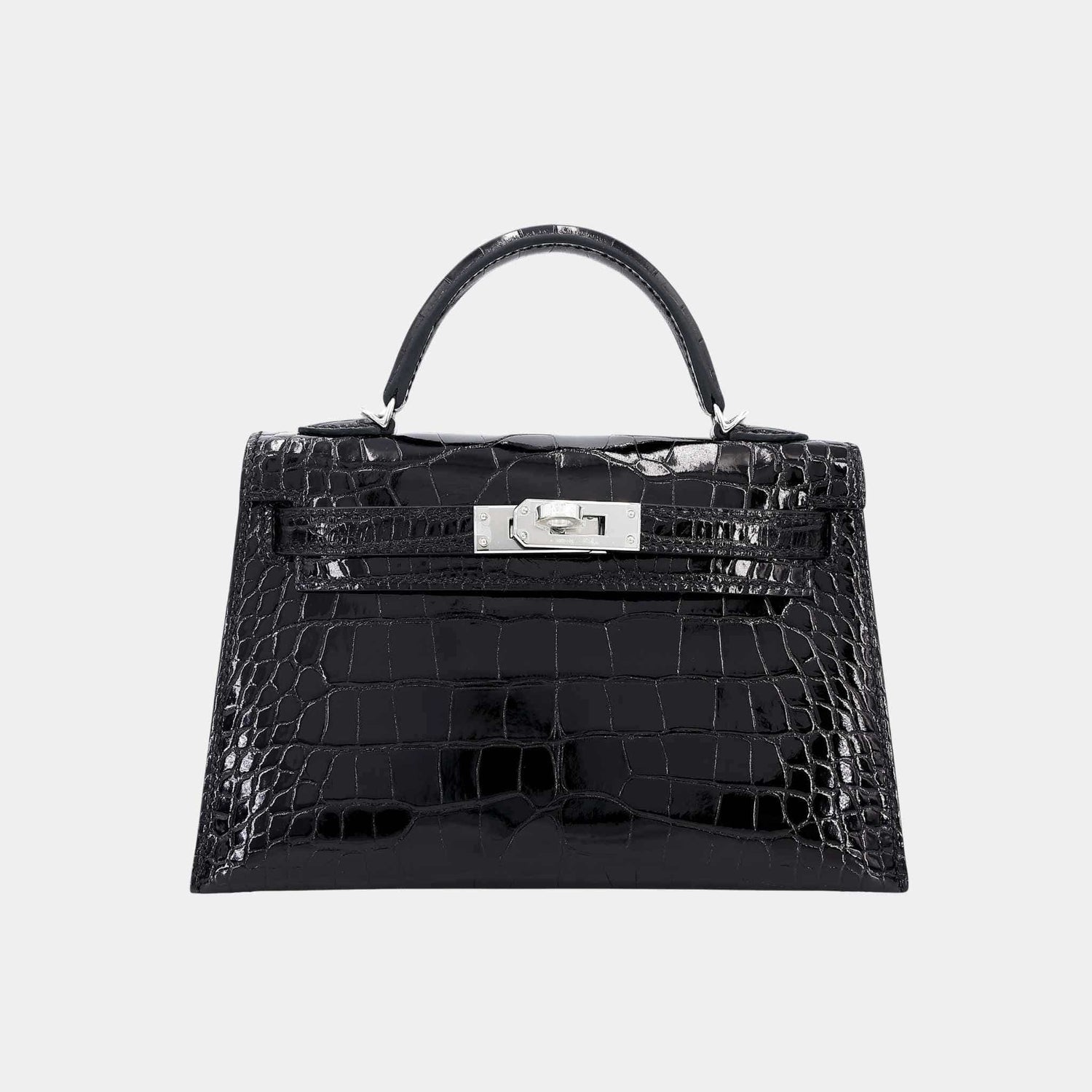 Hermes Mini Kelly II Shiny Alligator Black PHW, Front