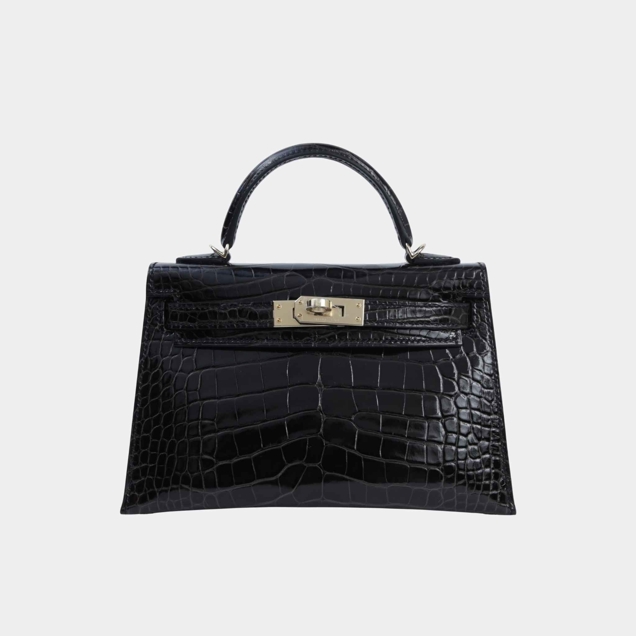 Hermes Mini Kelly II Shiny Alligator Graphite PBHW, Front