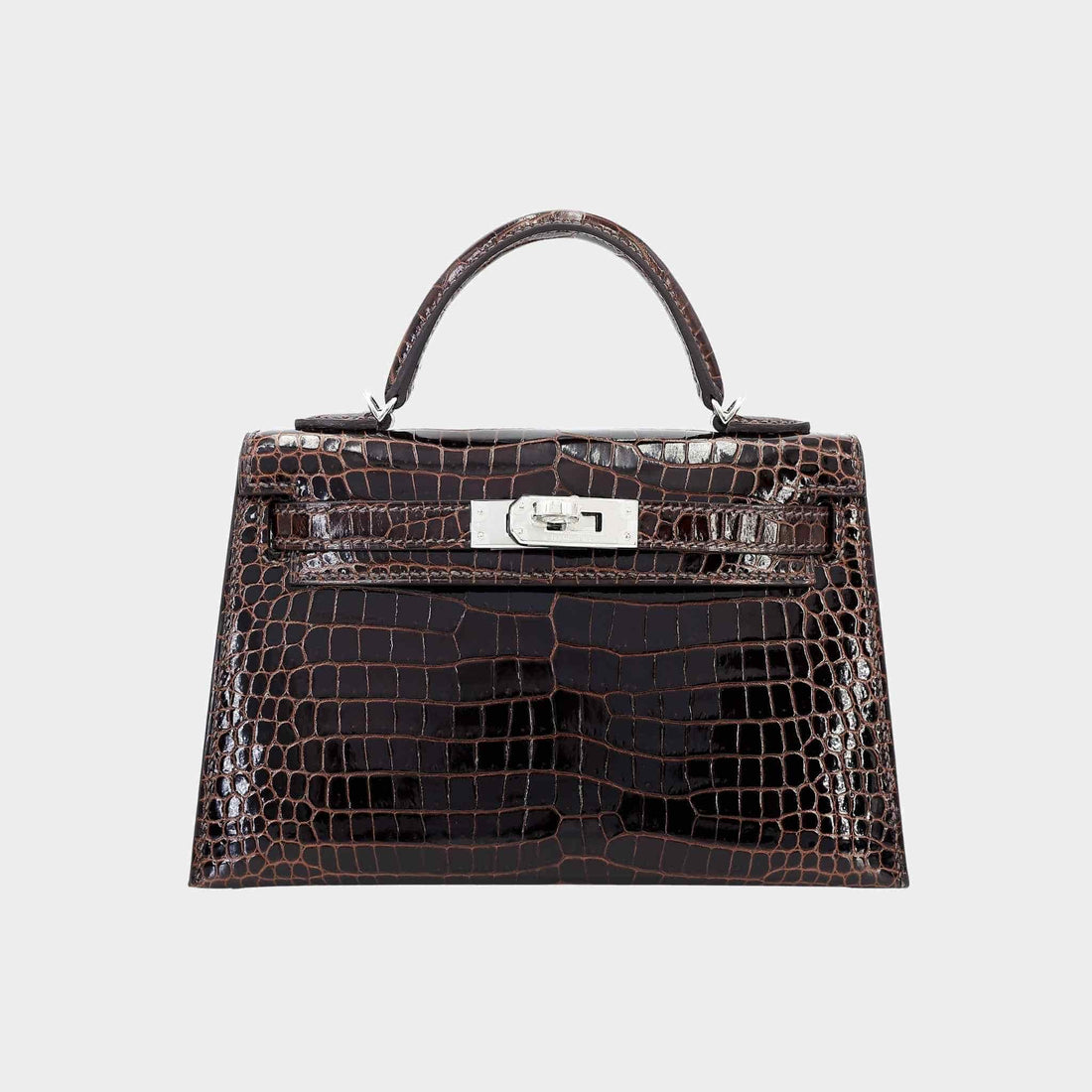 Hermes Mini Kelly II Shiny Porosus Crocodile Havane PHW, Front