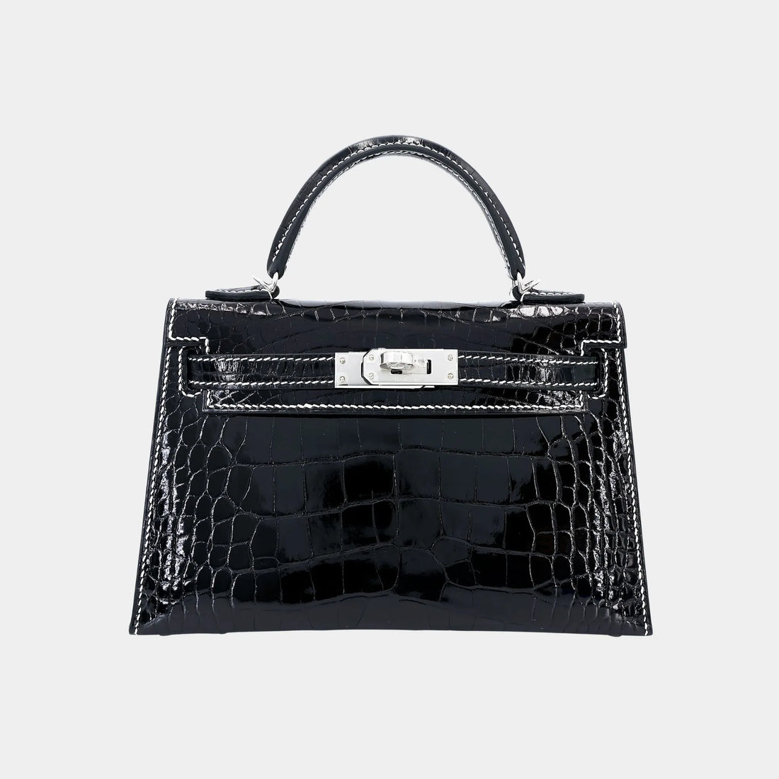 Mini Kelly II White Thread Shiny Alligator Black PHW