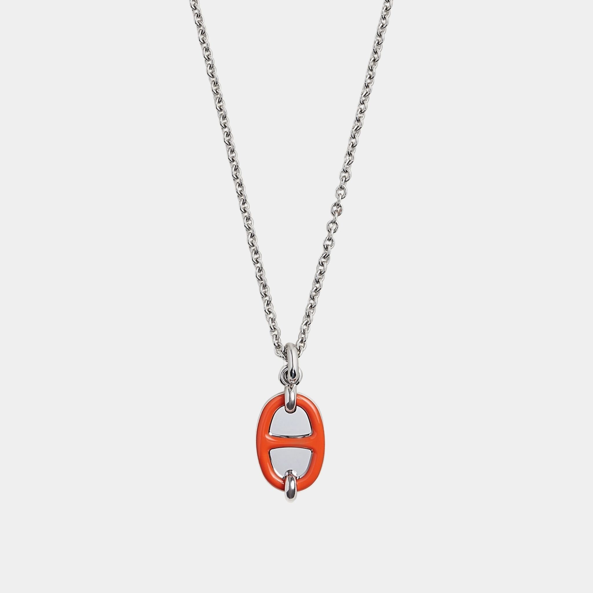 Hermes Mini Maillon Pendant Small Model Palladium Plated, Orange Passion