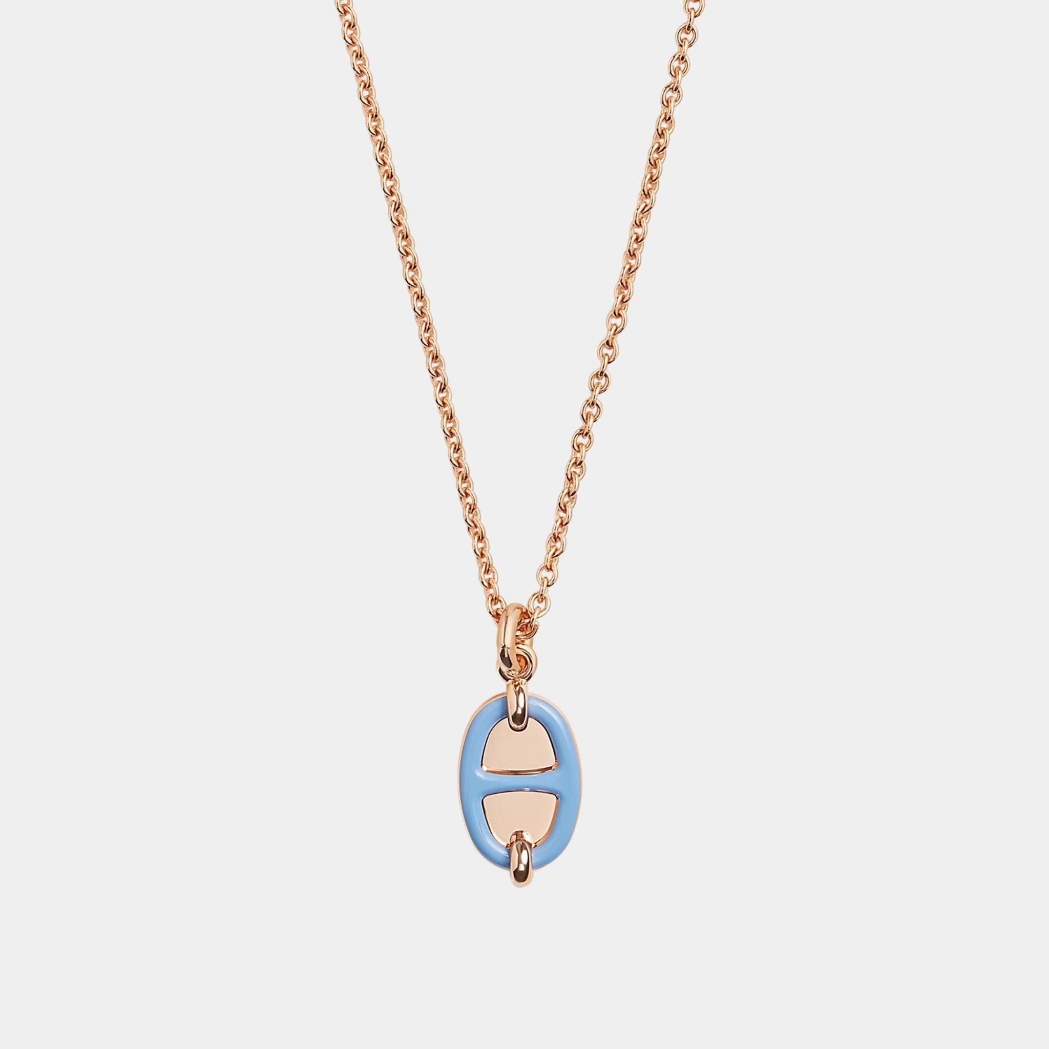 Hermes Mini Maillon Pendant Small Model Rose Gold Plated, Bleu De Lille, Close
