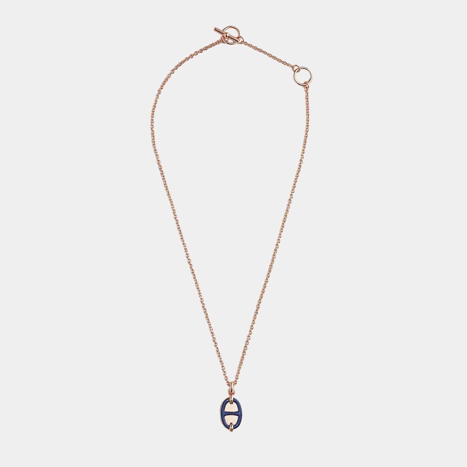 Hermes Mini Maillon Pendant Small Model Rose Gold Plated, Bleu De Saphir, Front