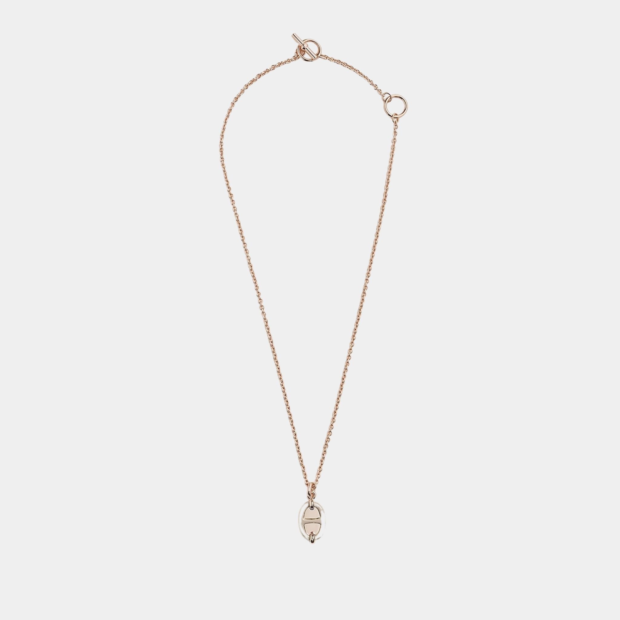 Hermes Mini Maillon Pendant Small Model Rose Gold Plated, Marron Glace, Front