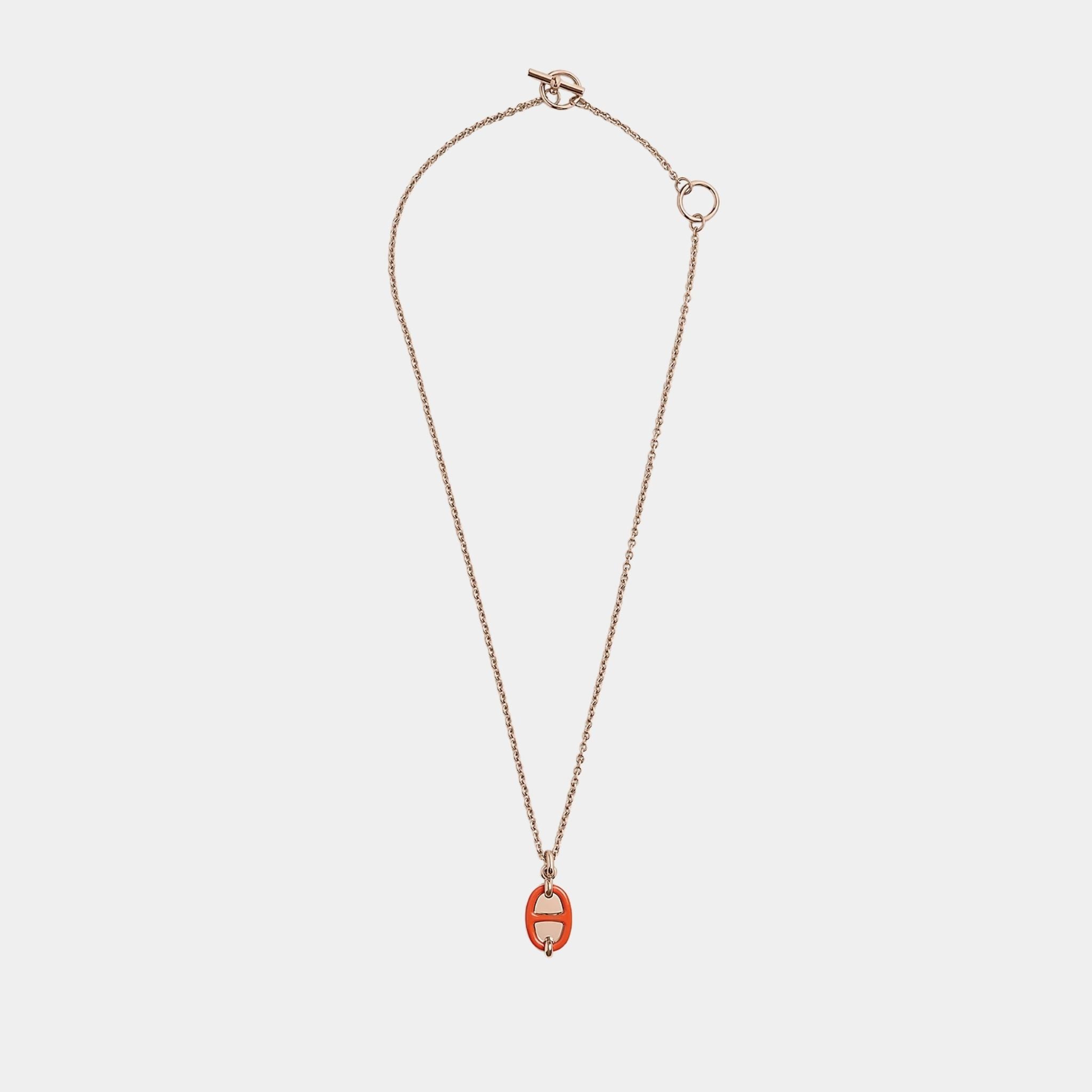 Hermes Mini Maillon Pendant Small Model Rose Gold Plated, Orange, Front