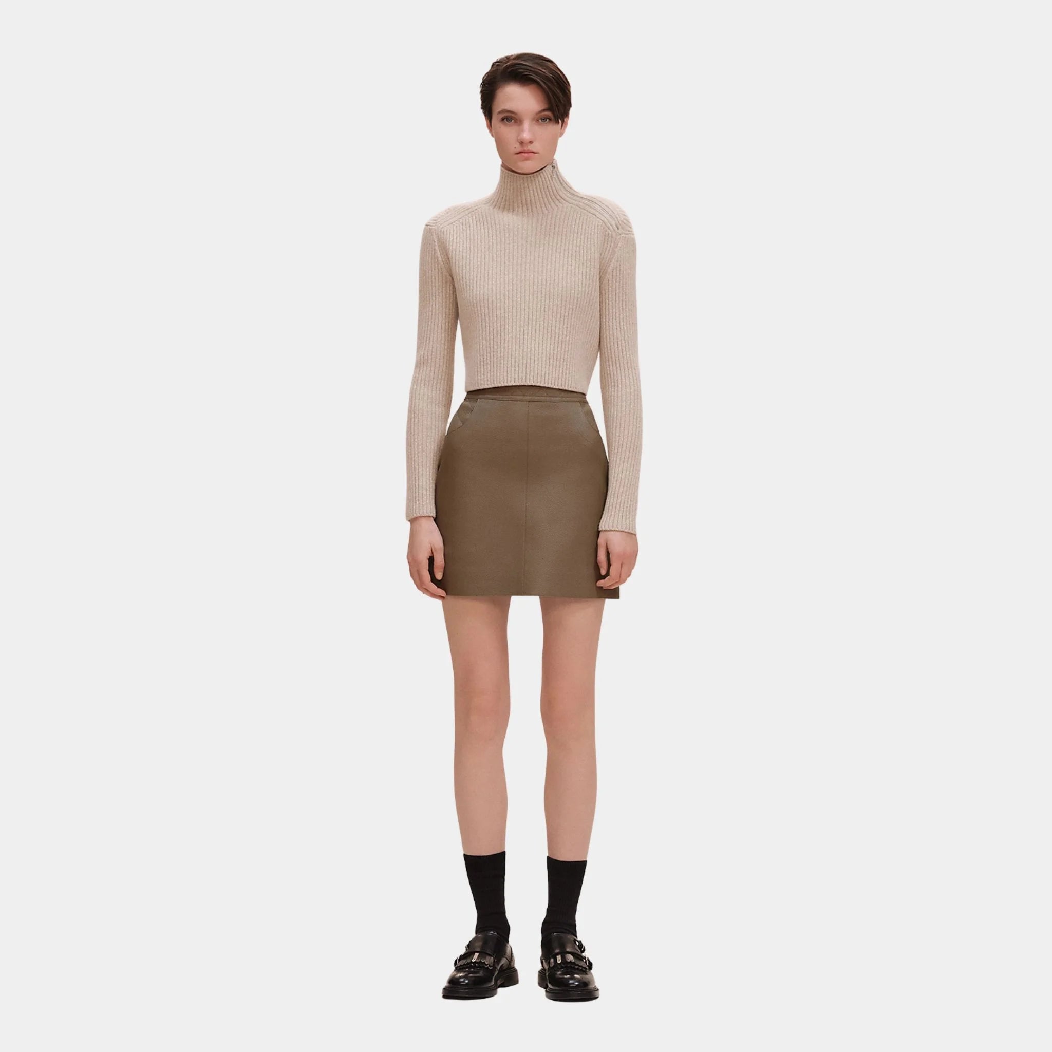 Hermes Mini Skirt in Washed Deer with Quilted Detail, Gris Etoupe, Model, Front