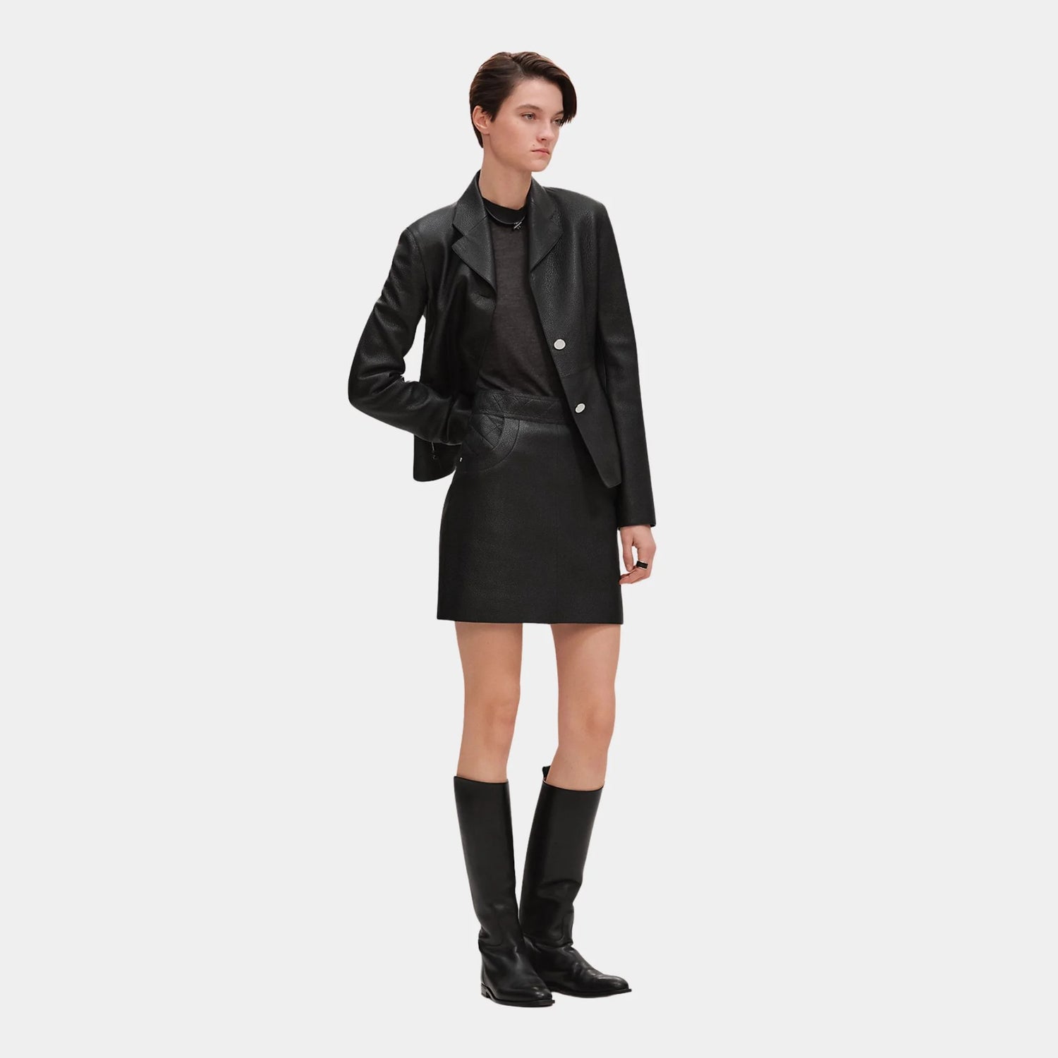 Hermes Mini Skirt in Washed Deer with Quilted Detail, Noir, Model, Front