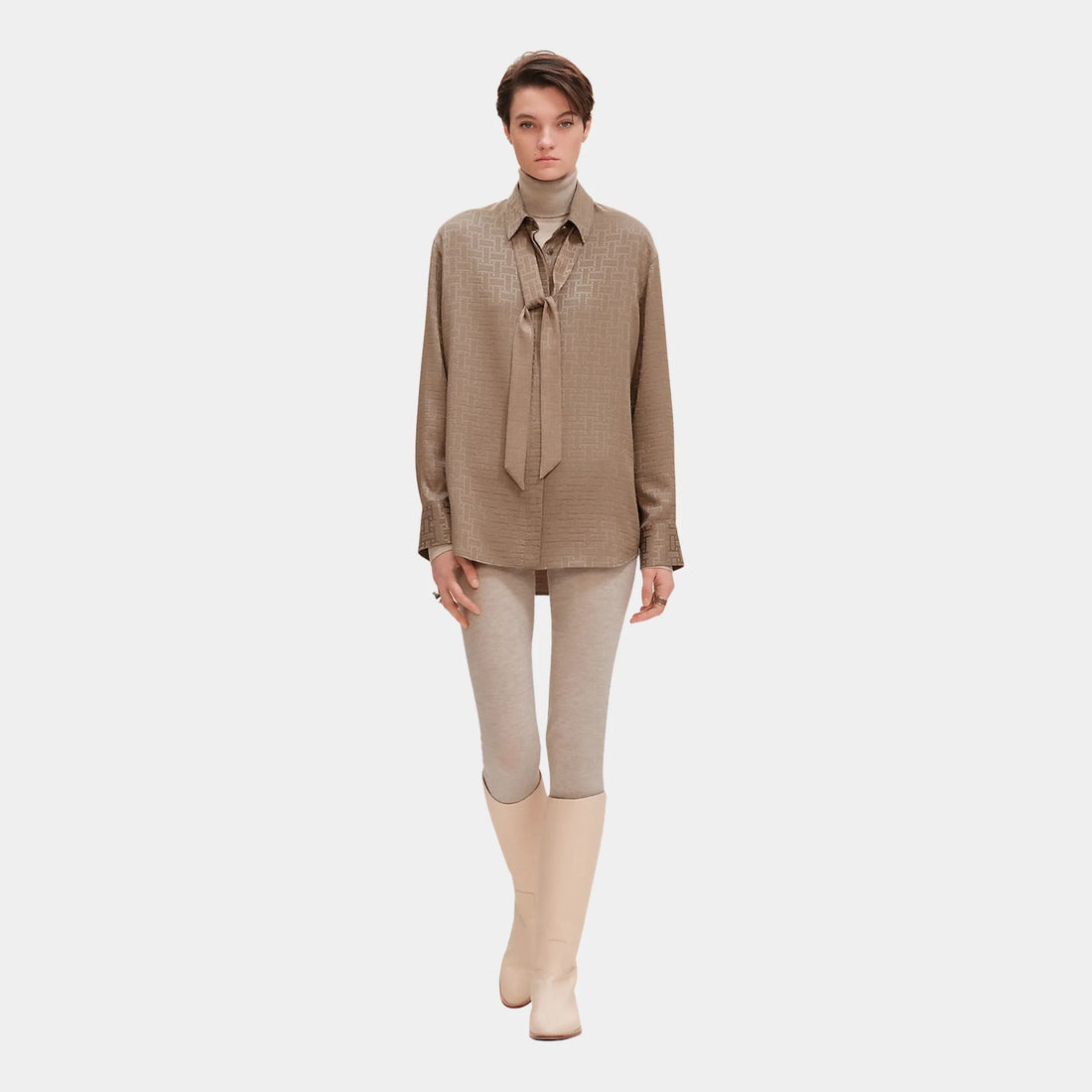 Hermes Mosaique Ascot Collar Shirt in Jacquard Silk, Gris Etoupe, Front