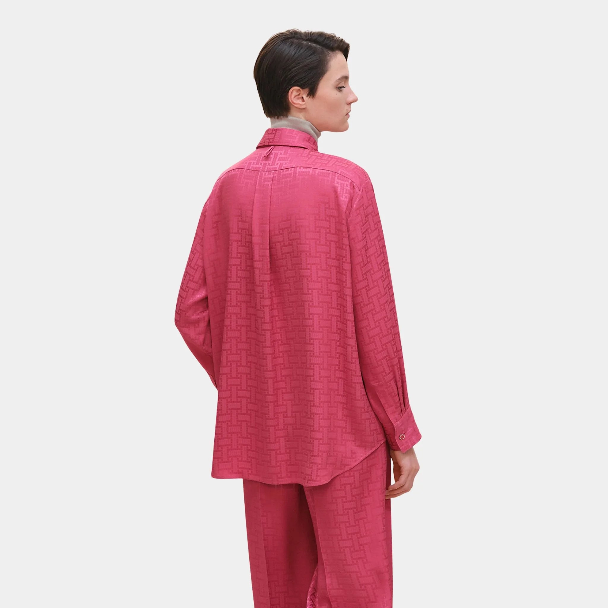 Hermes Mosaique Ascot Collar Shirt in Jacquard Silk, Rose Framboise, Back