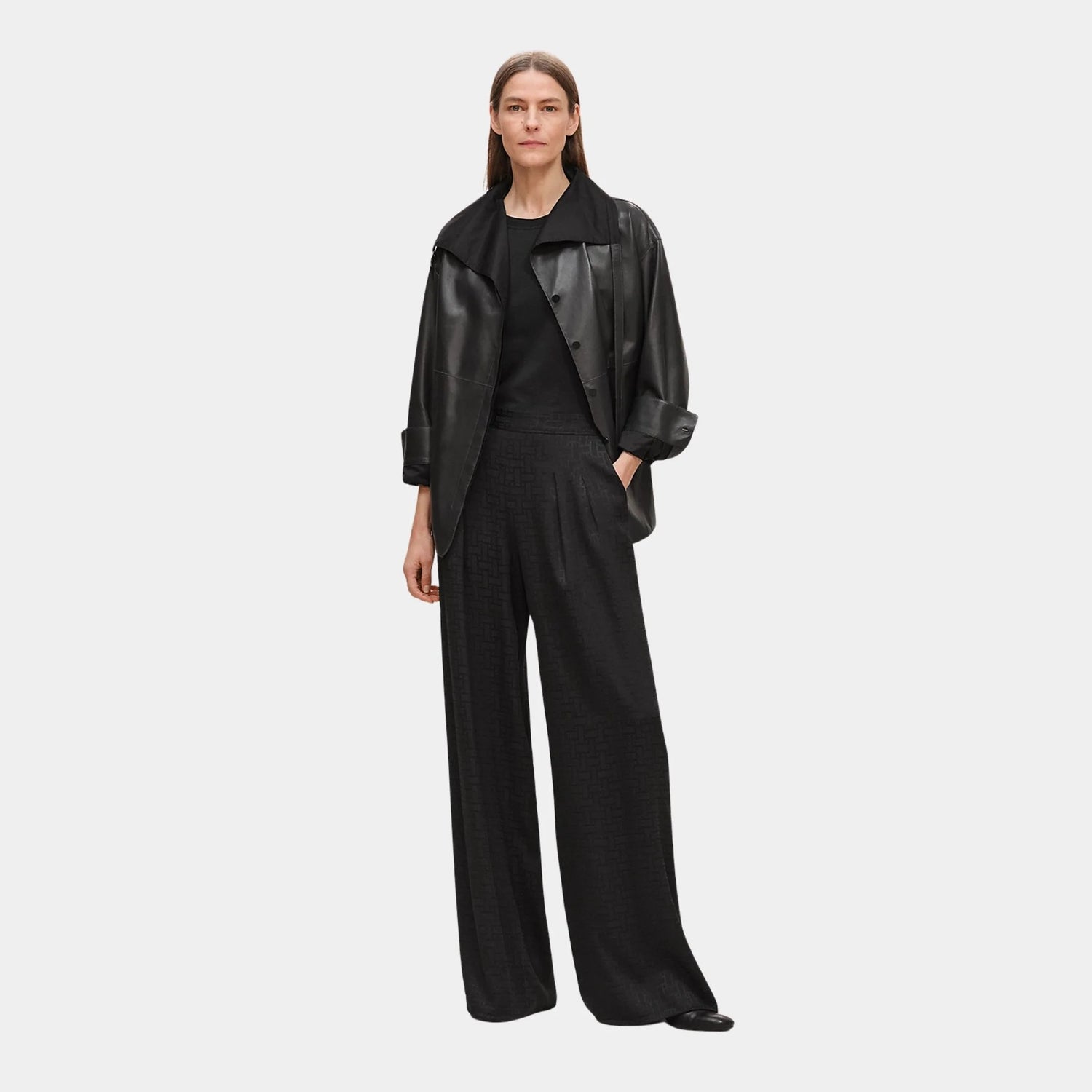 Hermes Mosaique Pants in Jacquard Silk, Noir, Model, Front