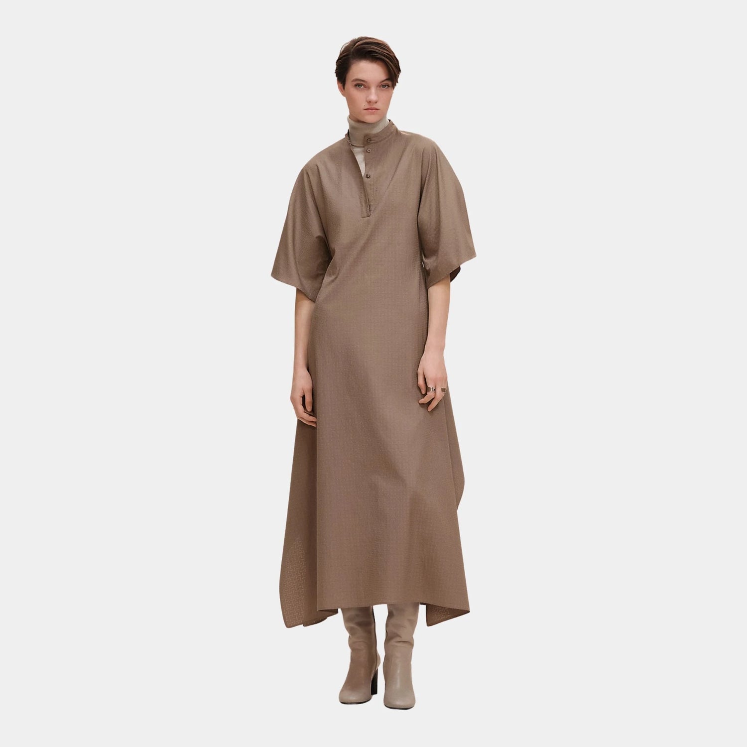 Hermes Mosaique Prairie Dress in Gauze, Gris, Etoupe, Front