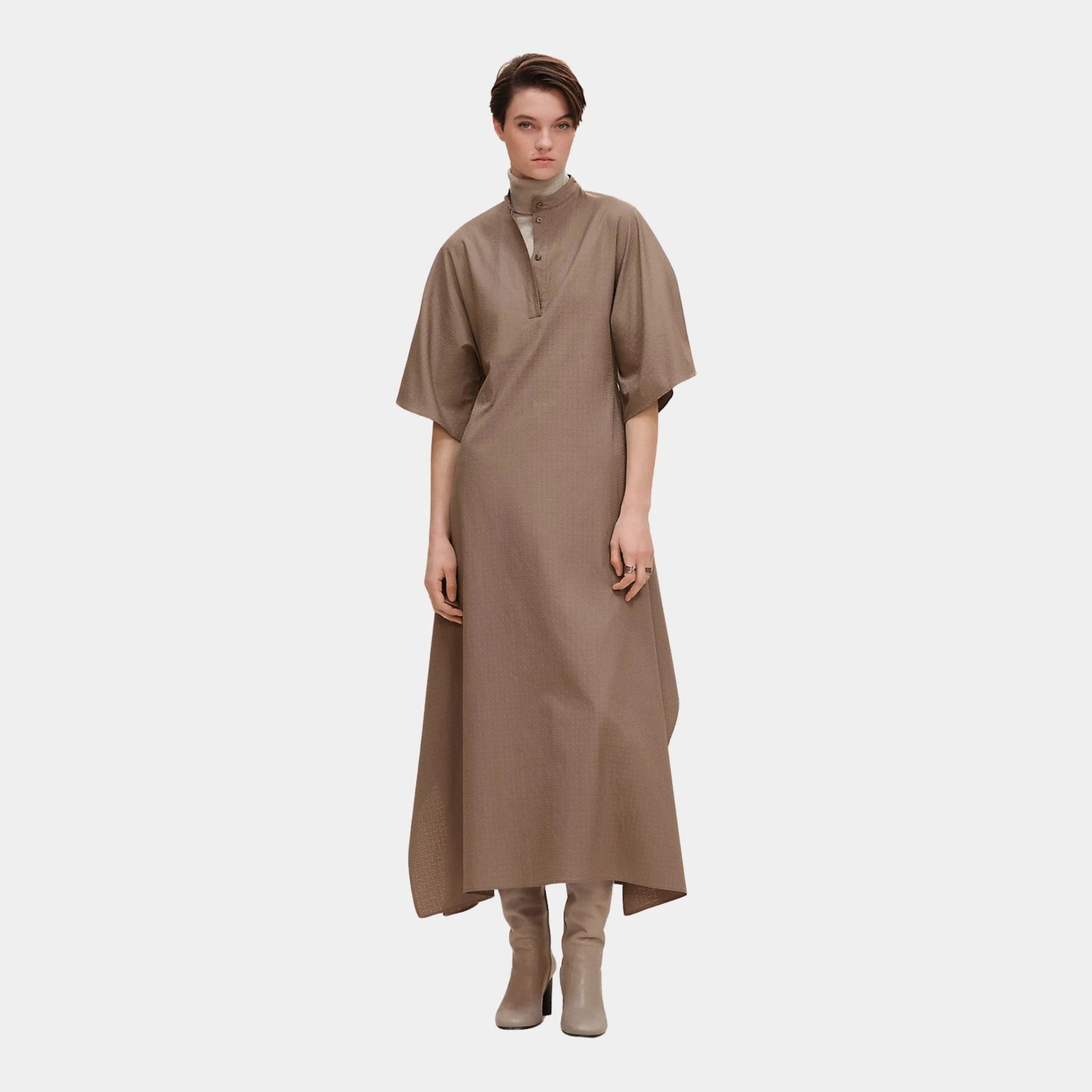 Hermes Mosaique Prairie Dress in Gauze, Gris, Etoupe, Front