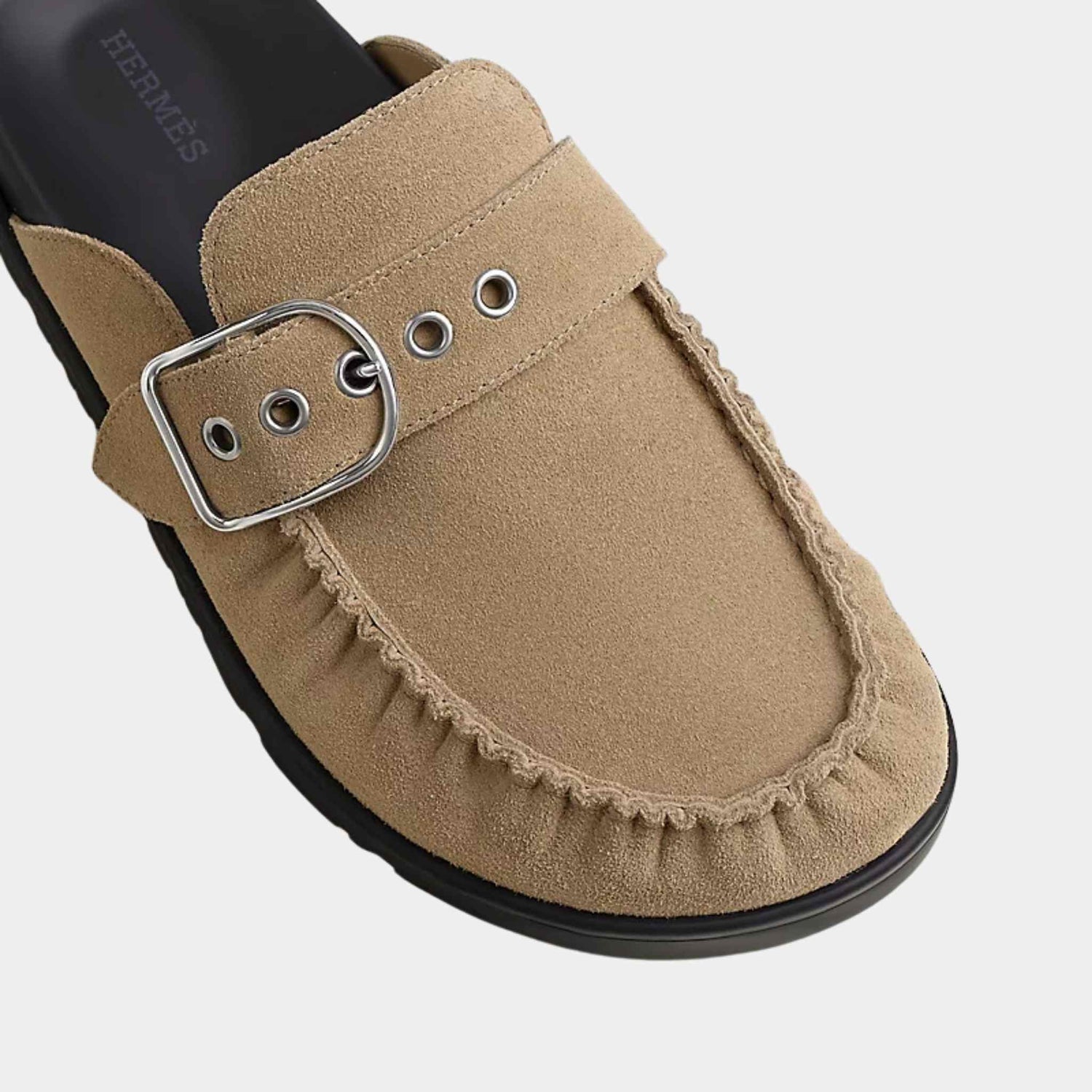 Hermes Mules Key Suede Calfskin, Beige Lin, Close