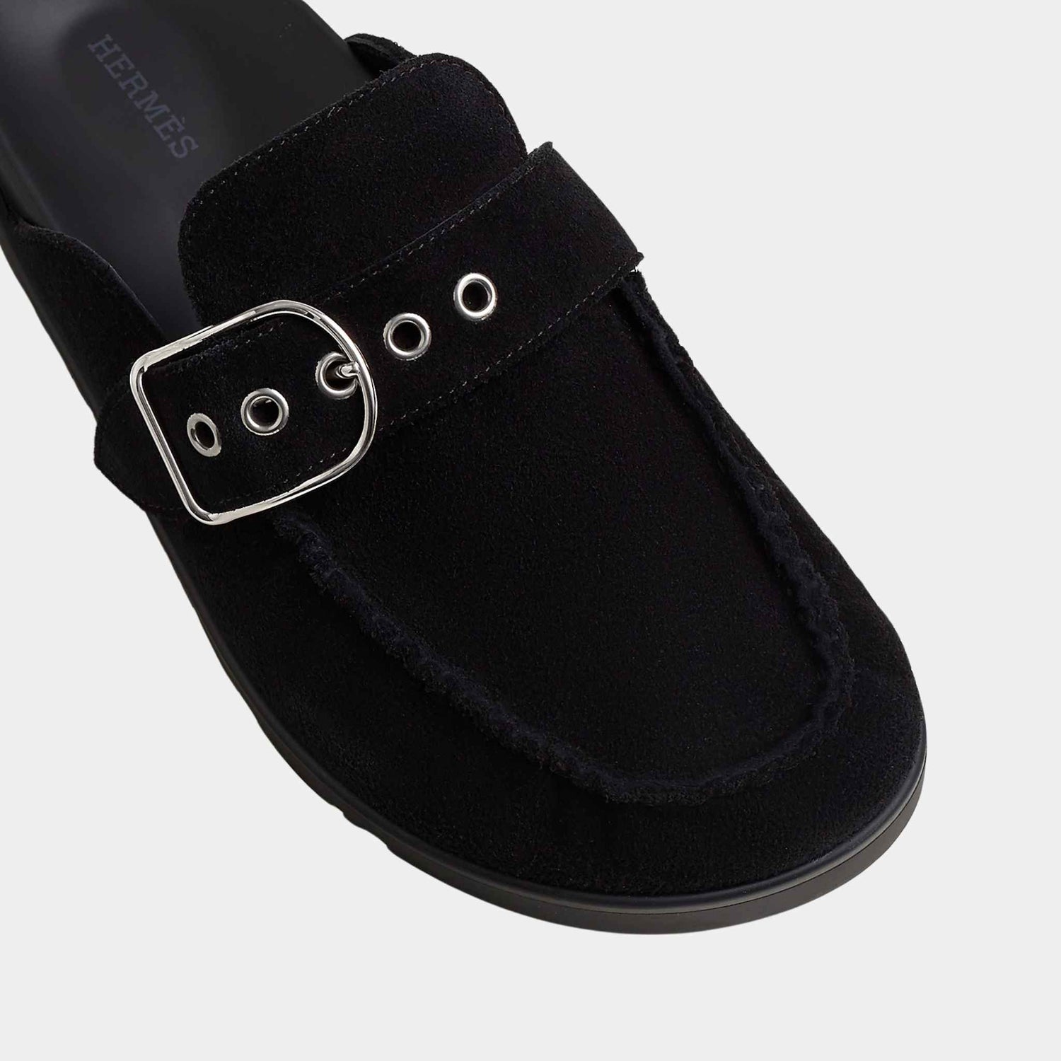 Hermes Mules Key Suede Calfskin, Black, Close