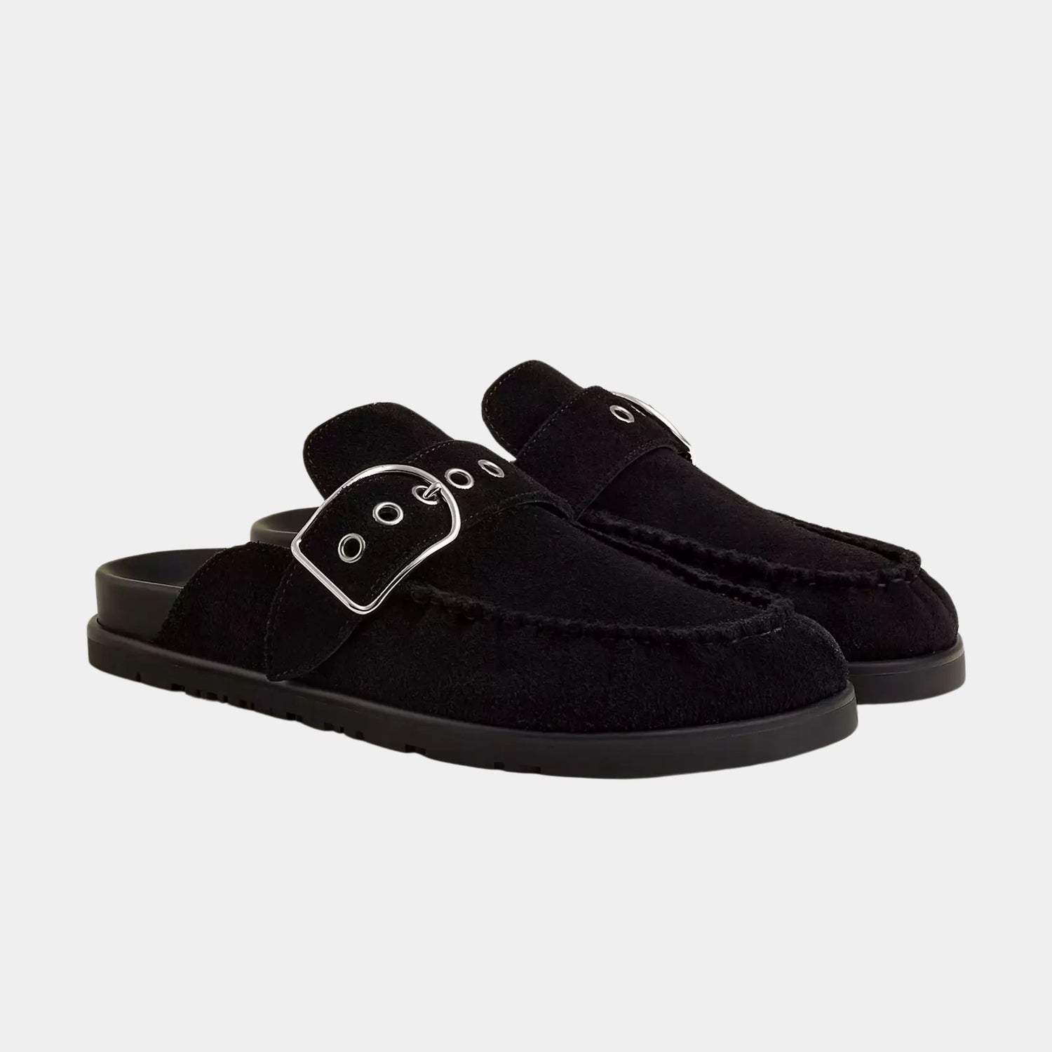 Hermes Mules Key Suede Calfskin, Black, Front