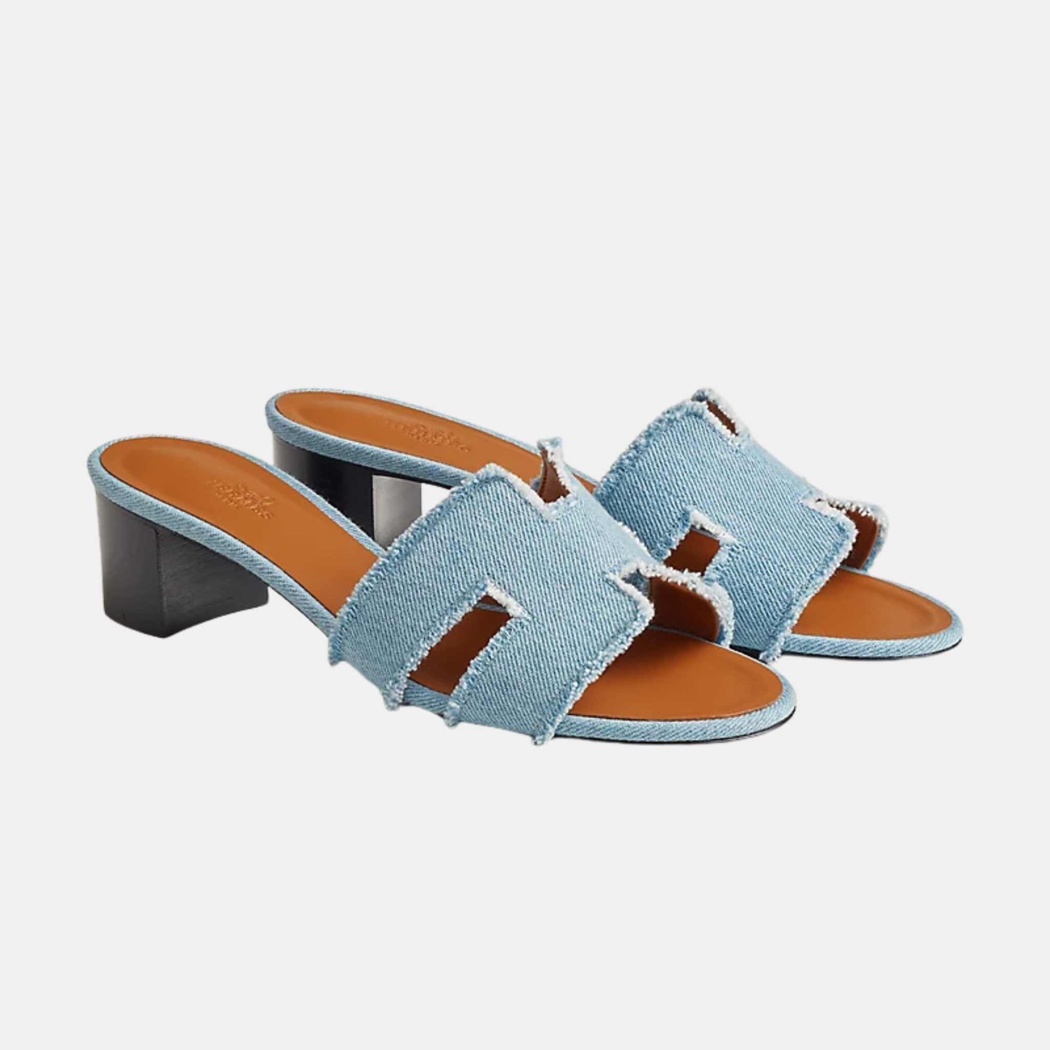 Hermes Oasis Sandal Fringed Denim Bleu Clair, Front