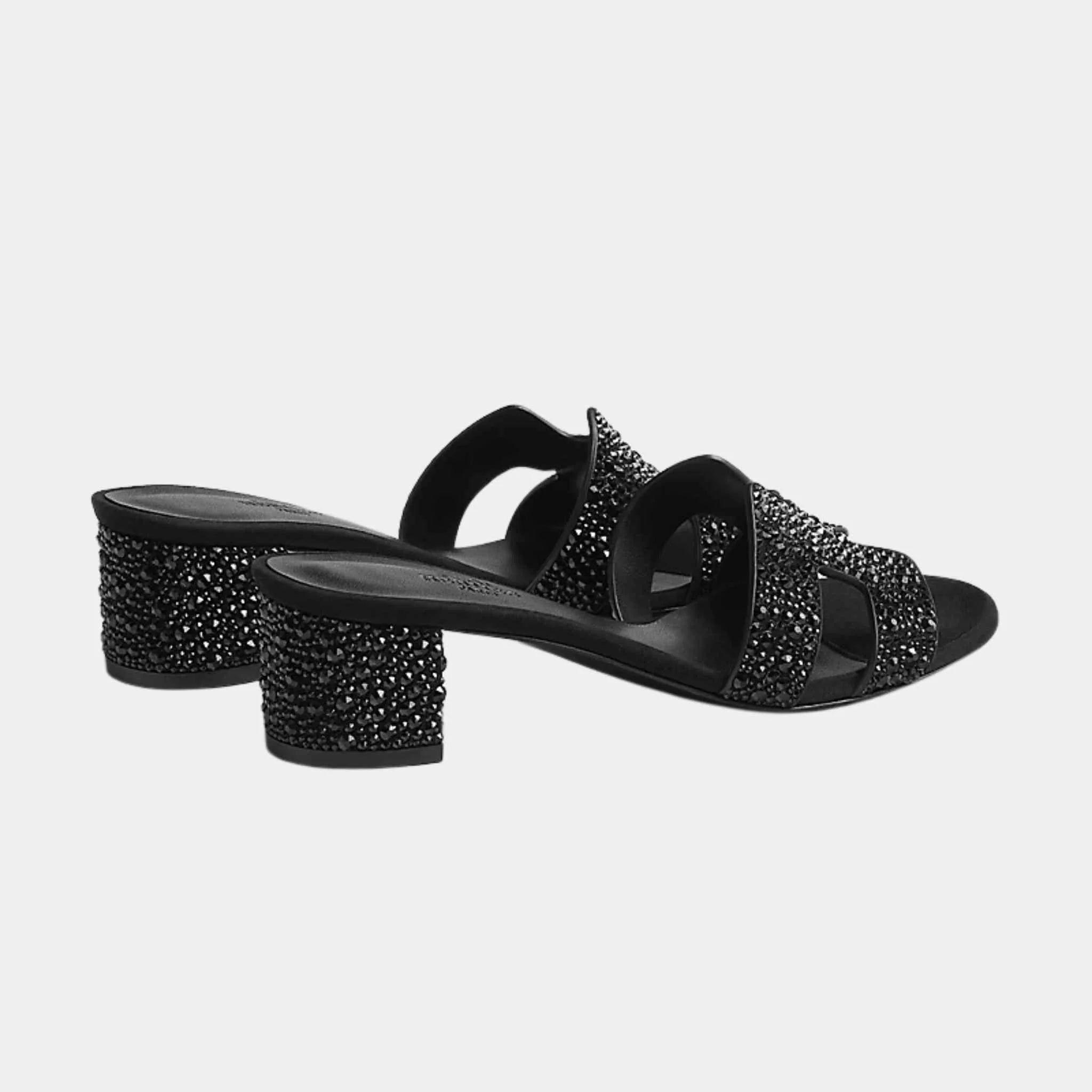 Hermes Oasis Sandals Black With Rhinestones, Noir, Back