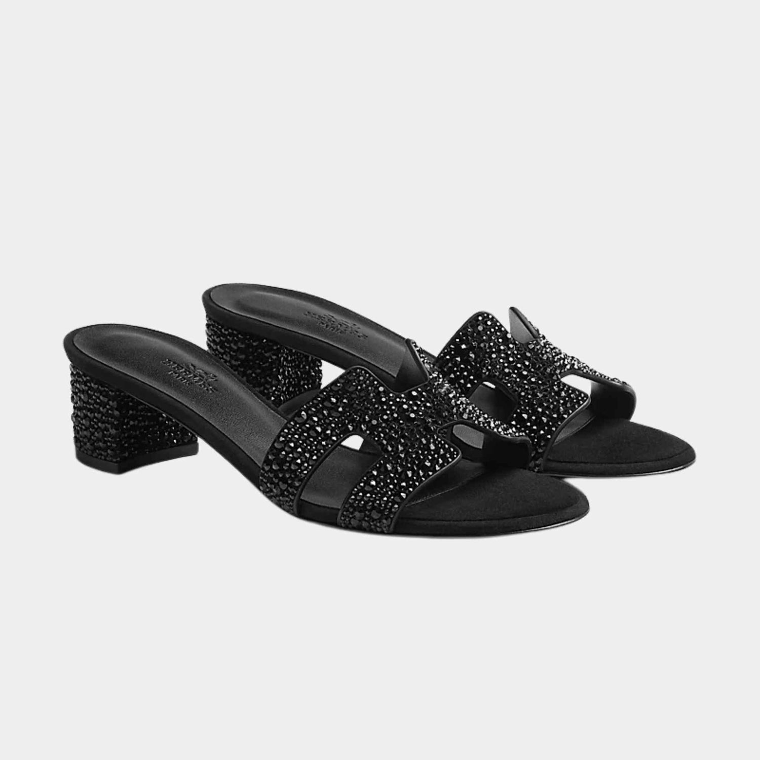 Hermès Oasis Sandals Black with Rhinestones, Front and Side