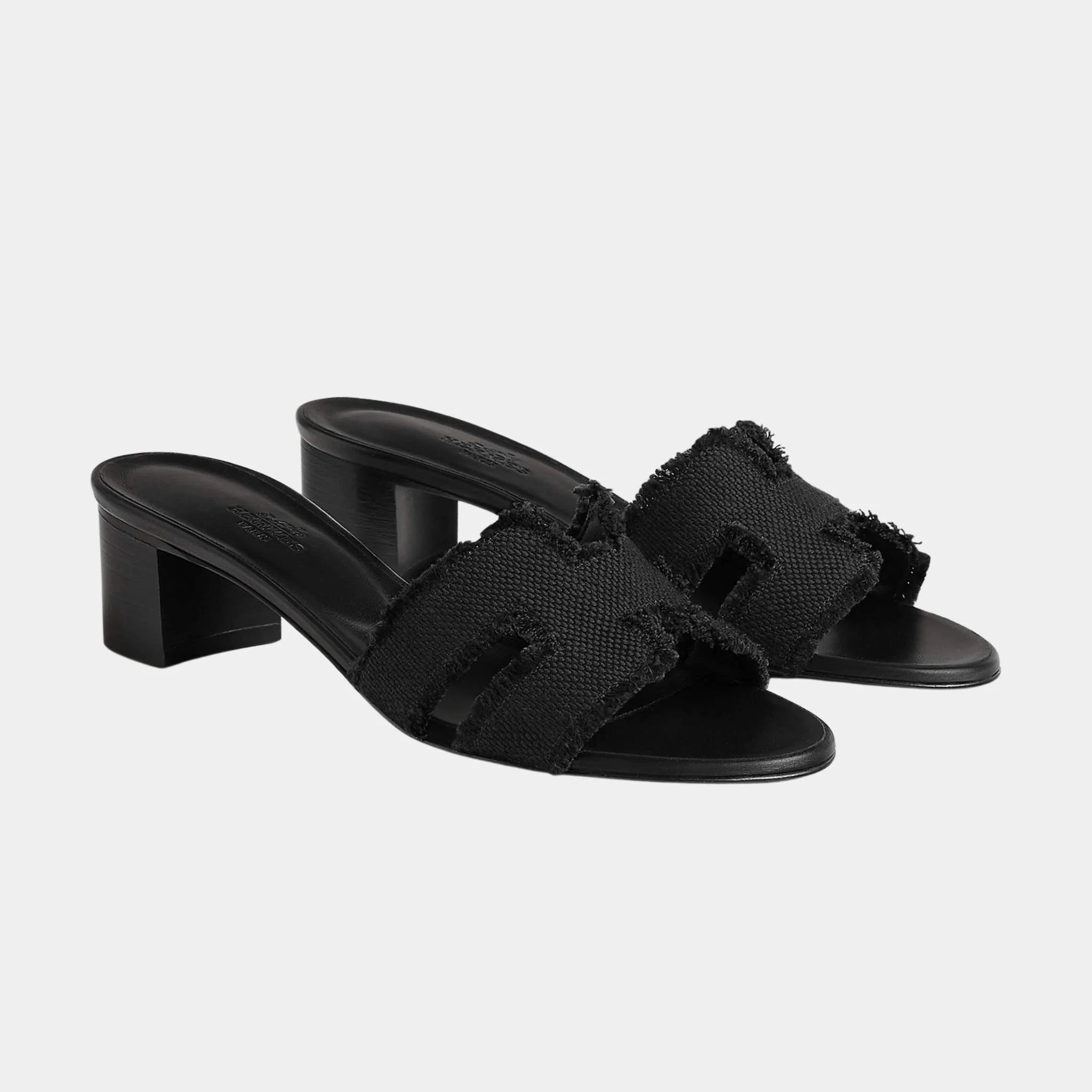 Hermes Oasis Sandals Fringed Linen Canvas, Black, Front