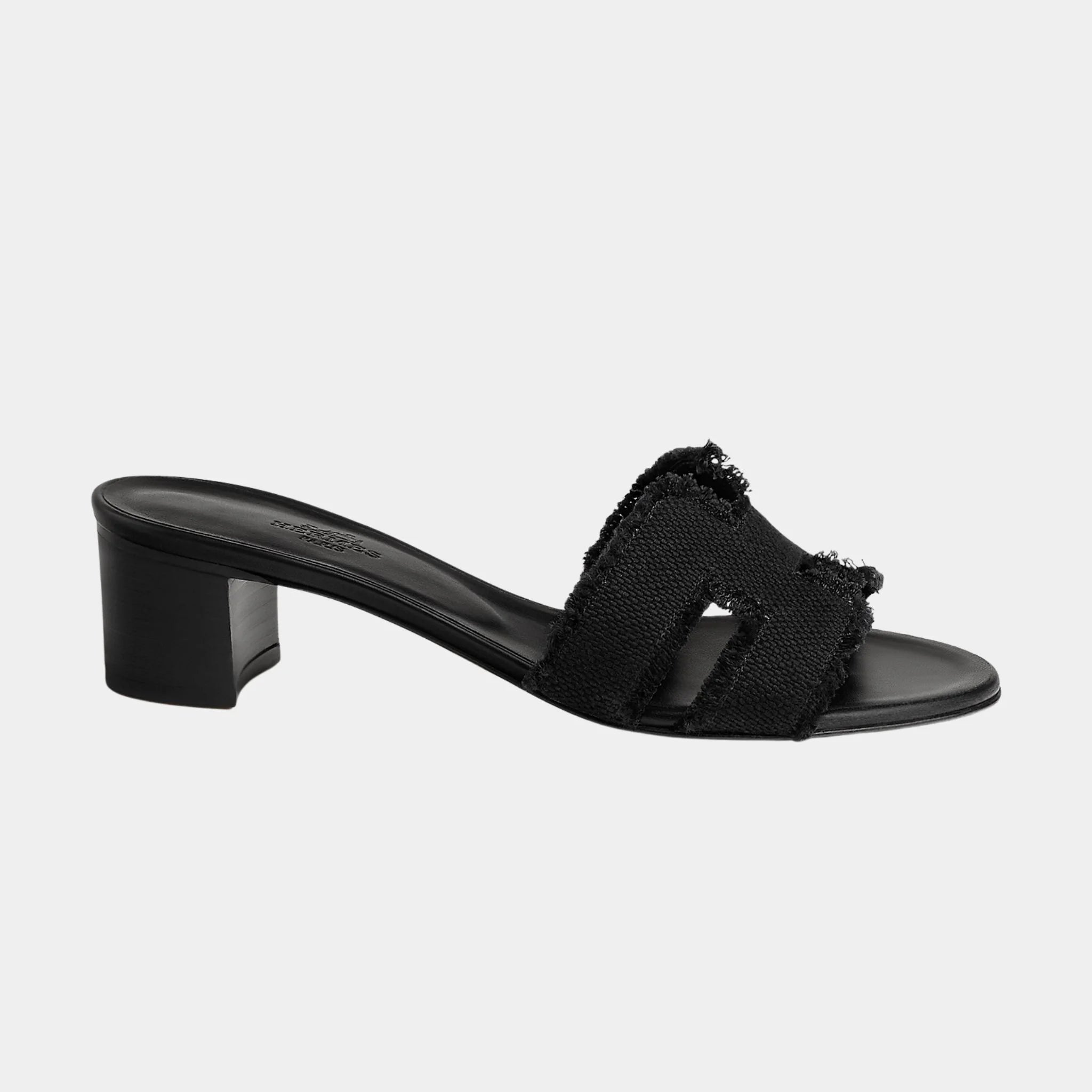 Hermes Oasis Sandals Fringed Linen Canvas, Black, Side