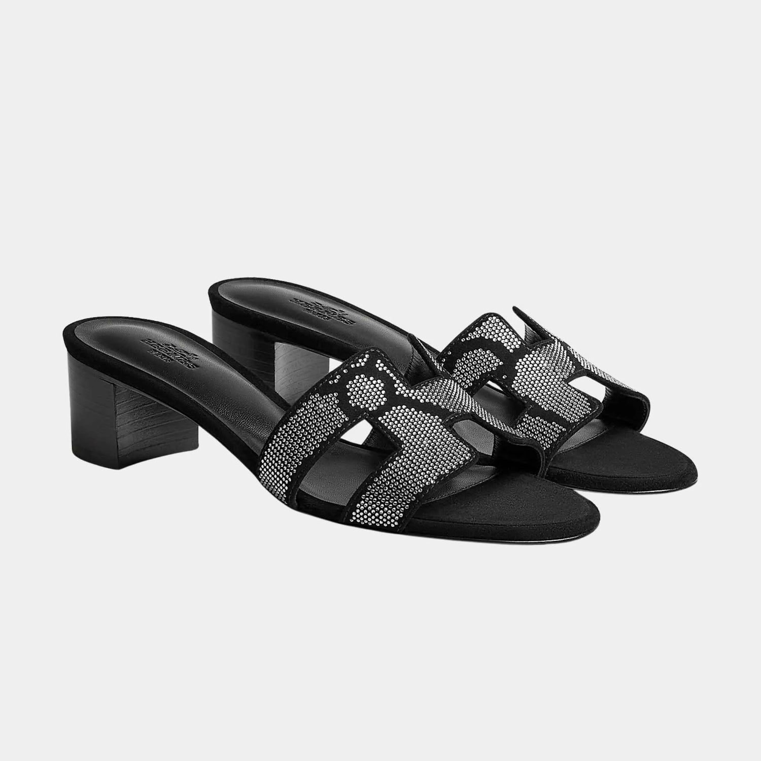 Hermes Oasis Sandals in Suede with Figure Artistique Motif, Noir, Crystal, Front