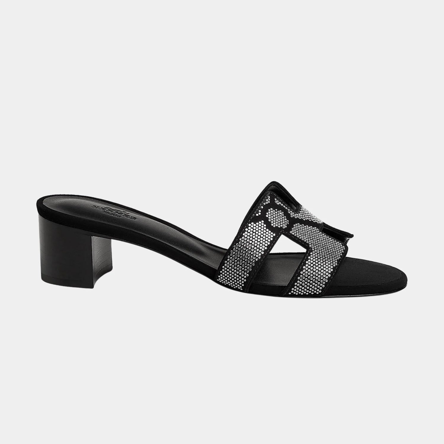 Hermes Oasis Sandals in Suede with Figure Artistique Motif, Noir, Crystal, Side