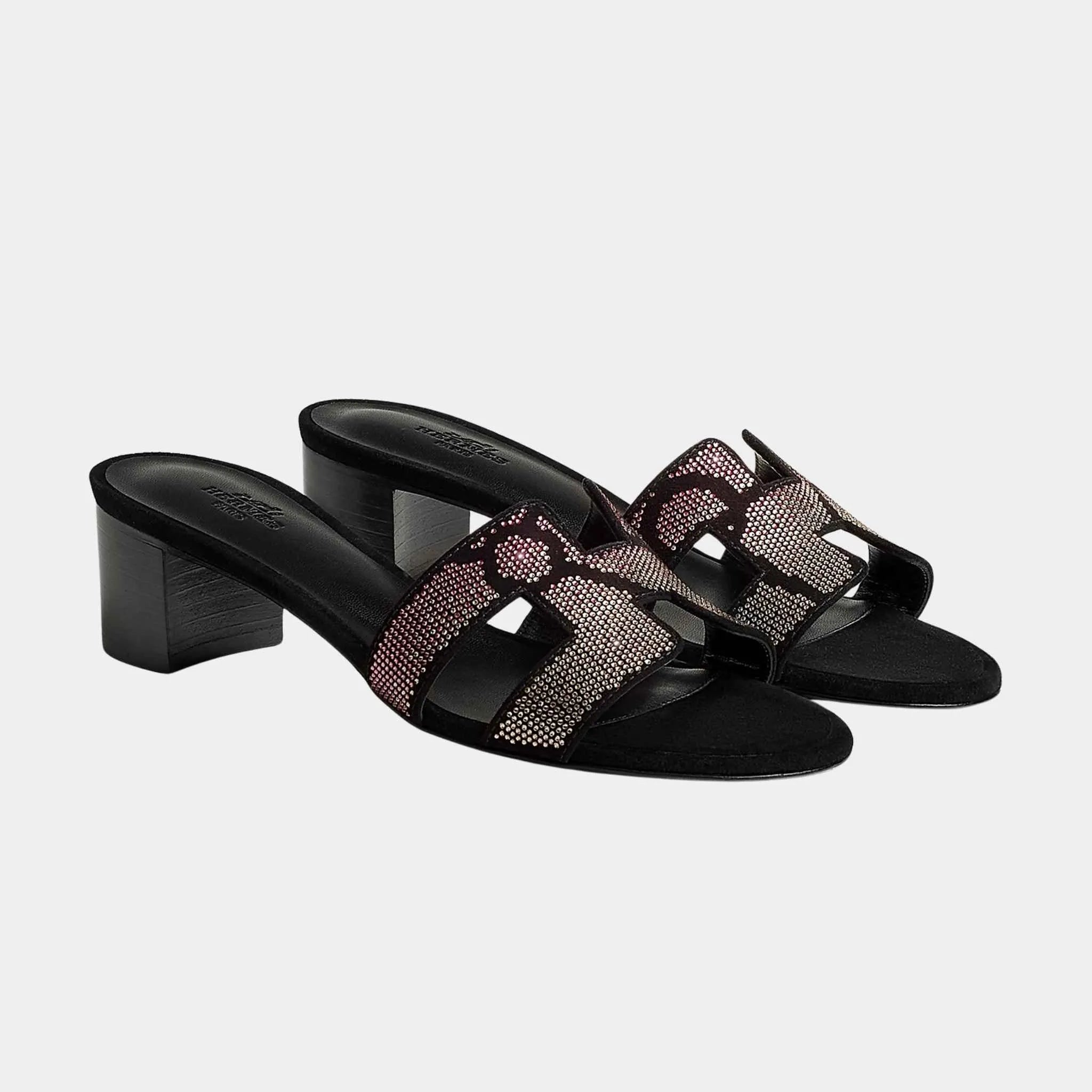 Hermes Oasis Sandals in Suede with Figure Artistique Motif, Noir, Rose, Front