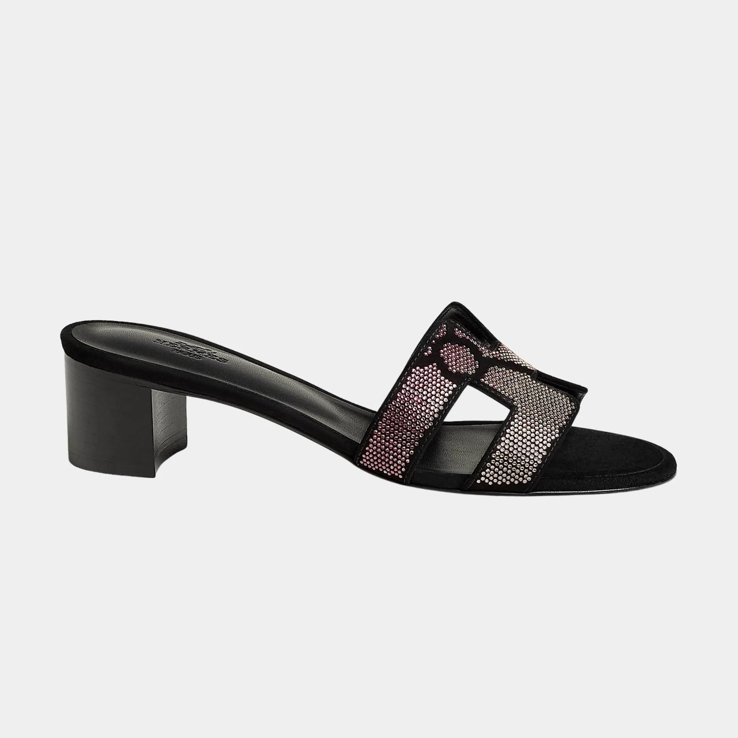 Hermes Oasis Sandals in Suede with Figure Artistique Motif, Noir, Rose, Side