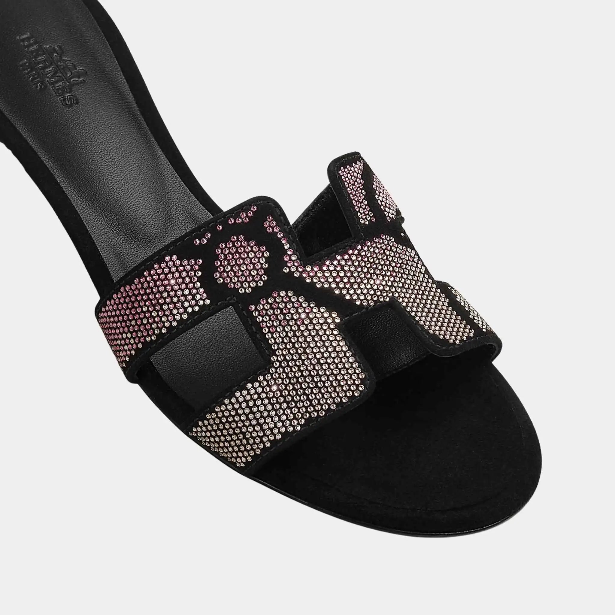 Hermes Oasis Sandals in Suede with Figure Artistique Motif, Noir, Rose, Top