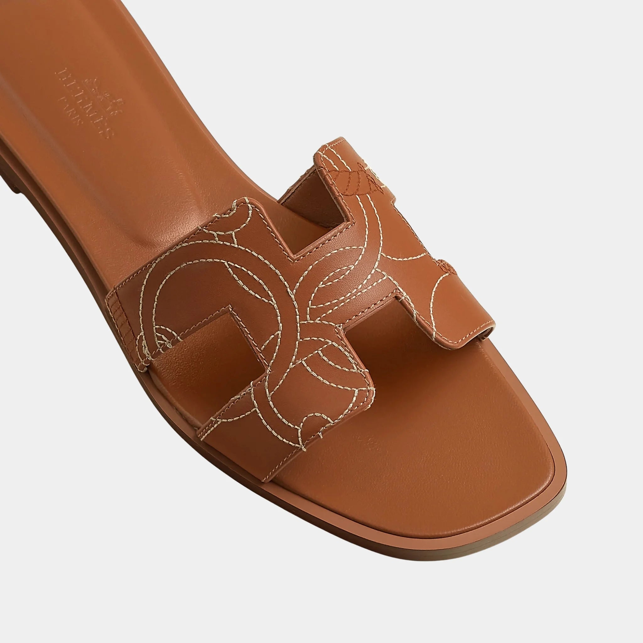 Hermes Oran Sandal in Panoplie Equestre Embroidered Calfskin, Naturel, Top