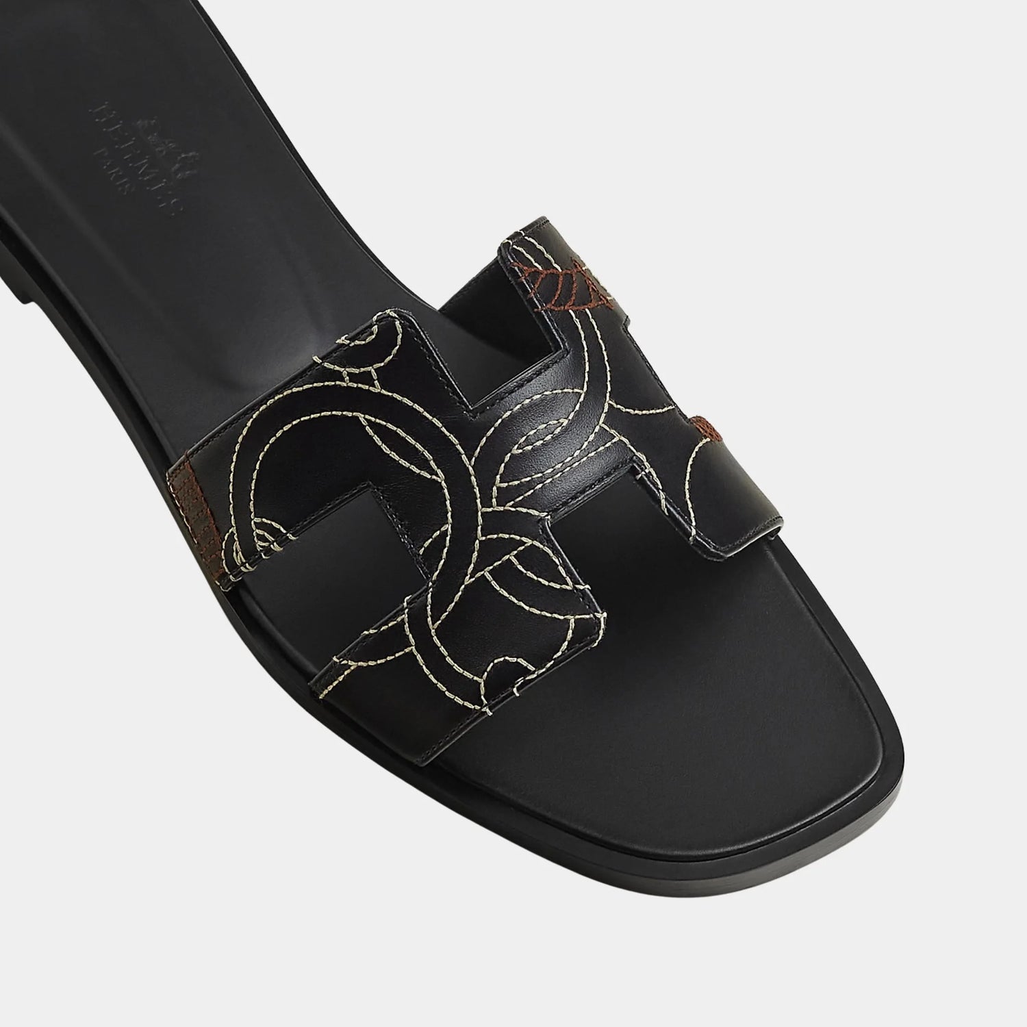 Hermes Oran Sandal in Panoplie Equestre Embroidered Calfskin, Noir, Top