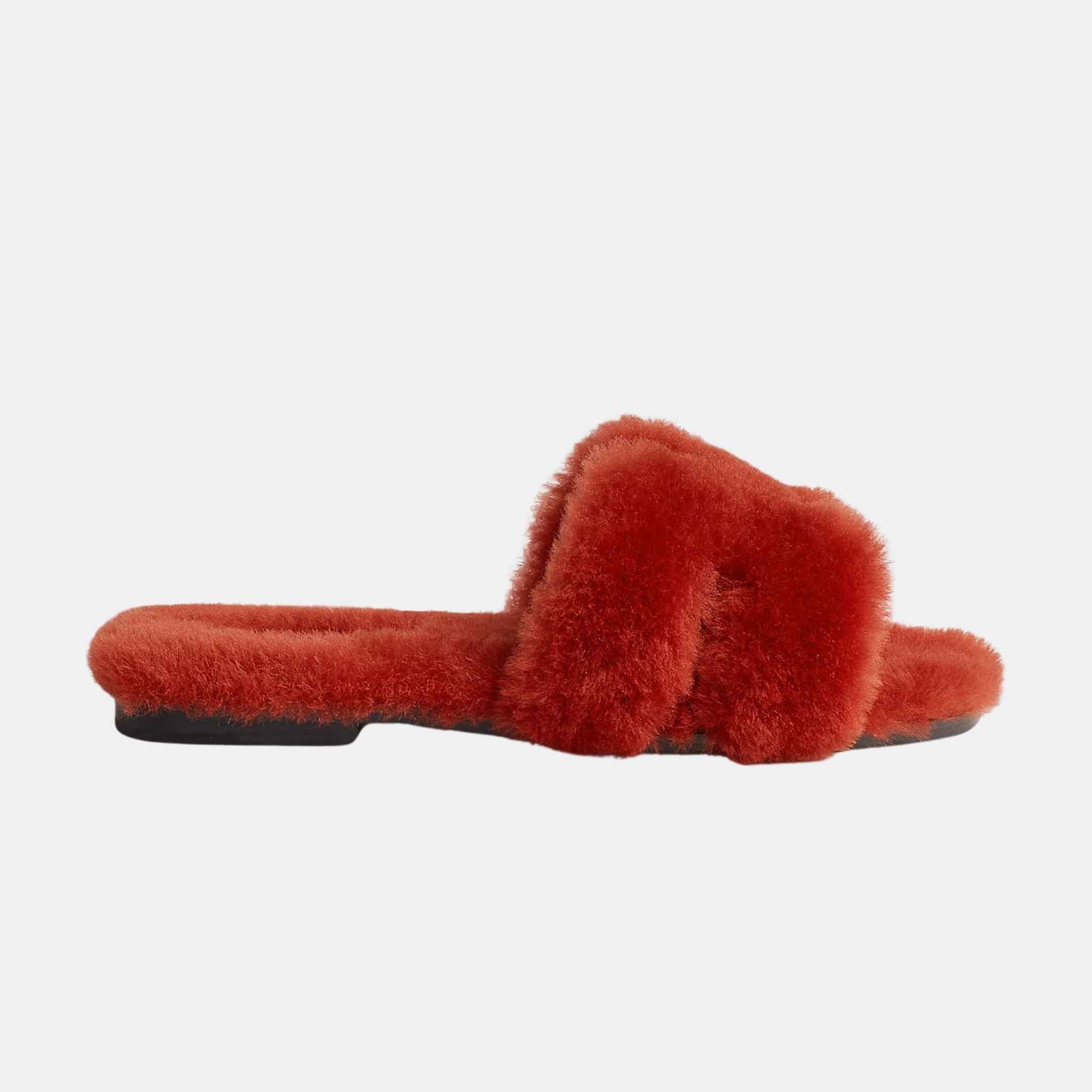 Hermes Oran Sandal Shearling, Rouge De Turin, Side View