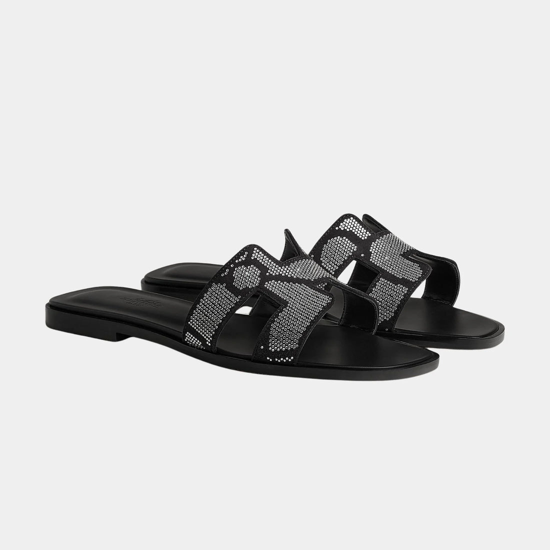 Hermes Oran Sandal in Suede with Figure Artistique Rhinestone, Noir, Cristal, Front