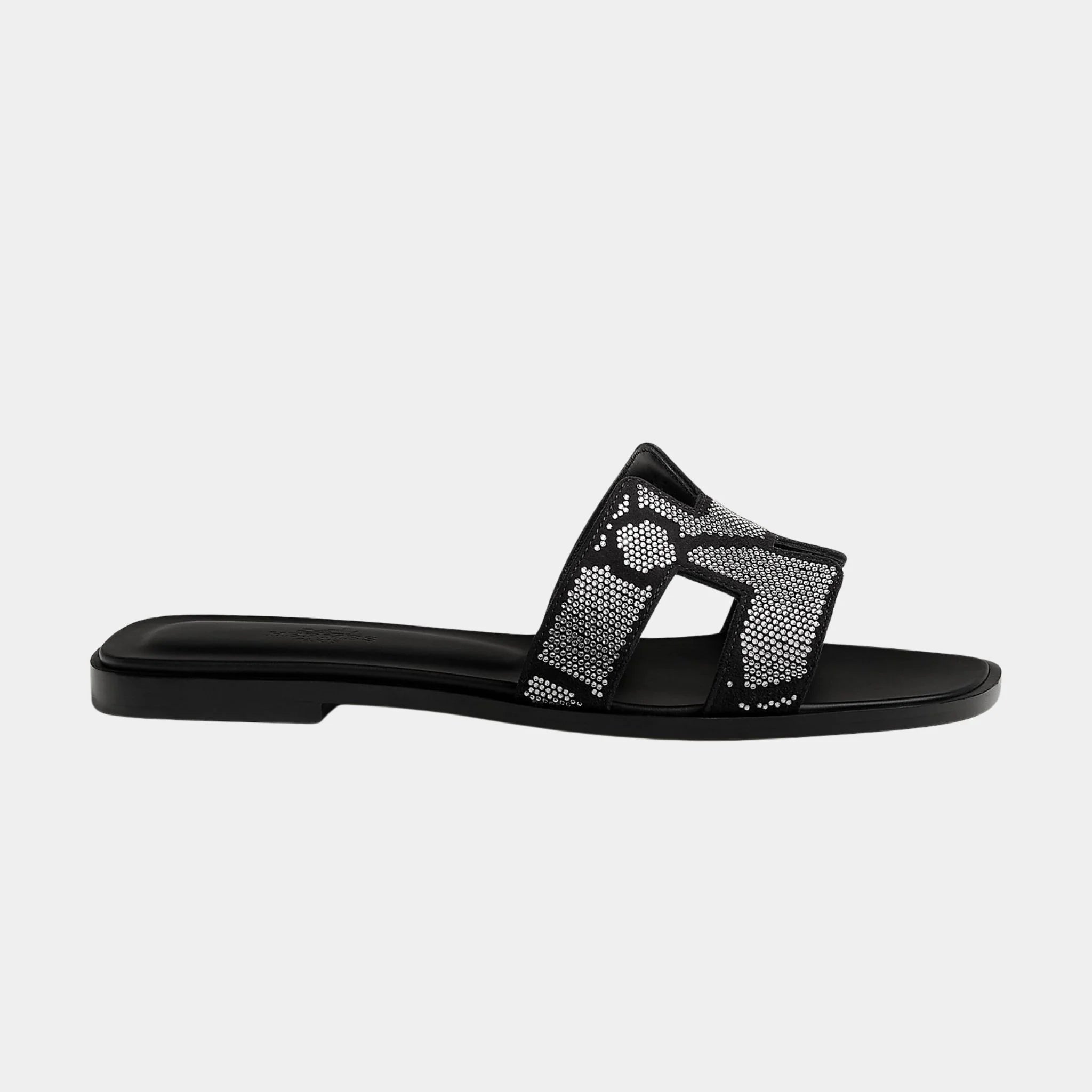 Hermes Oran Sandal in Suede with Figure Artistique Rhinestone, Noir, Cristal, Side