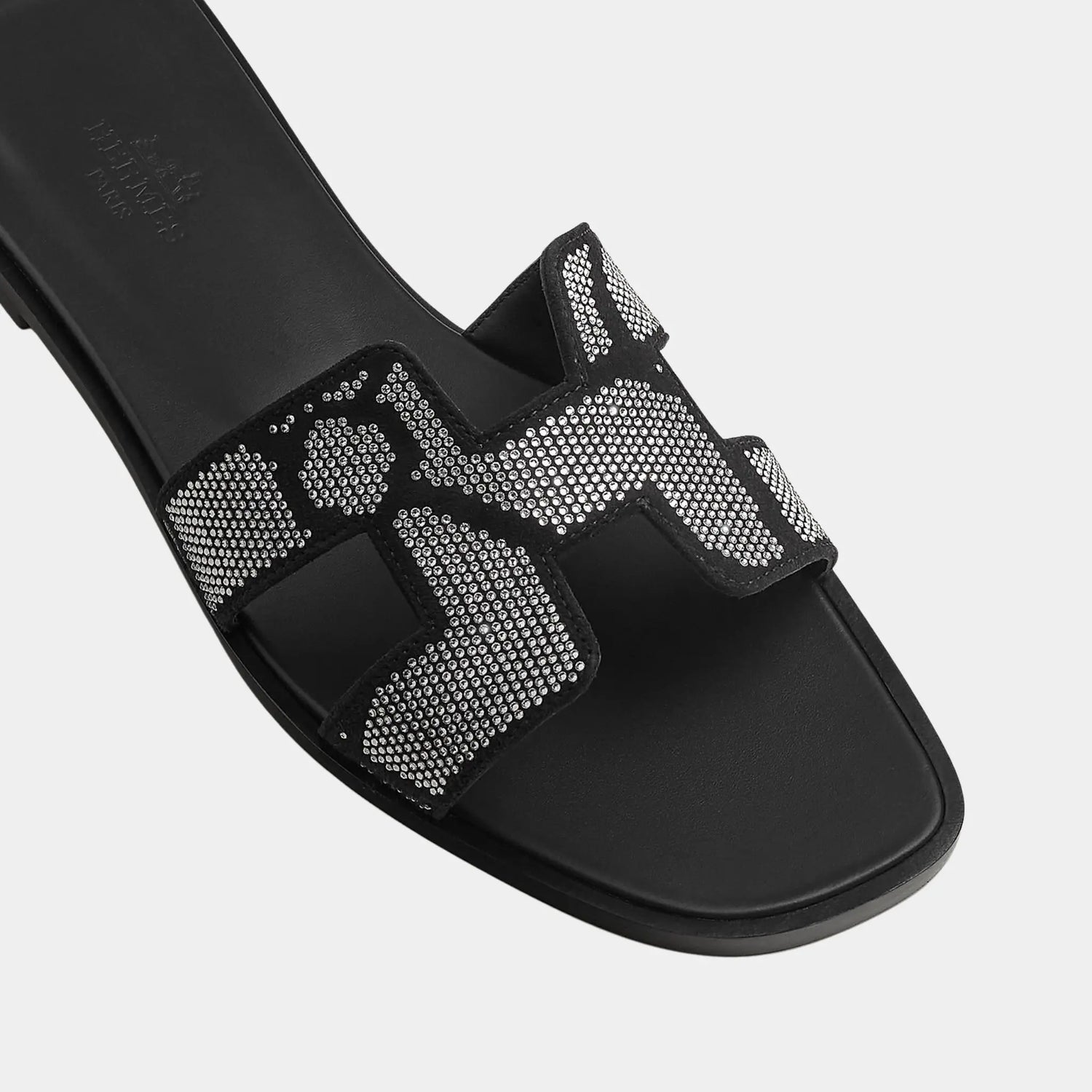 Hermes Oran Sandal in Suede with Figure Artistique Rhinestone, Noir, Cristal, Top