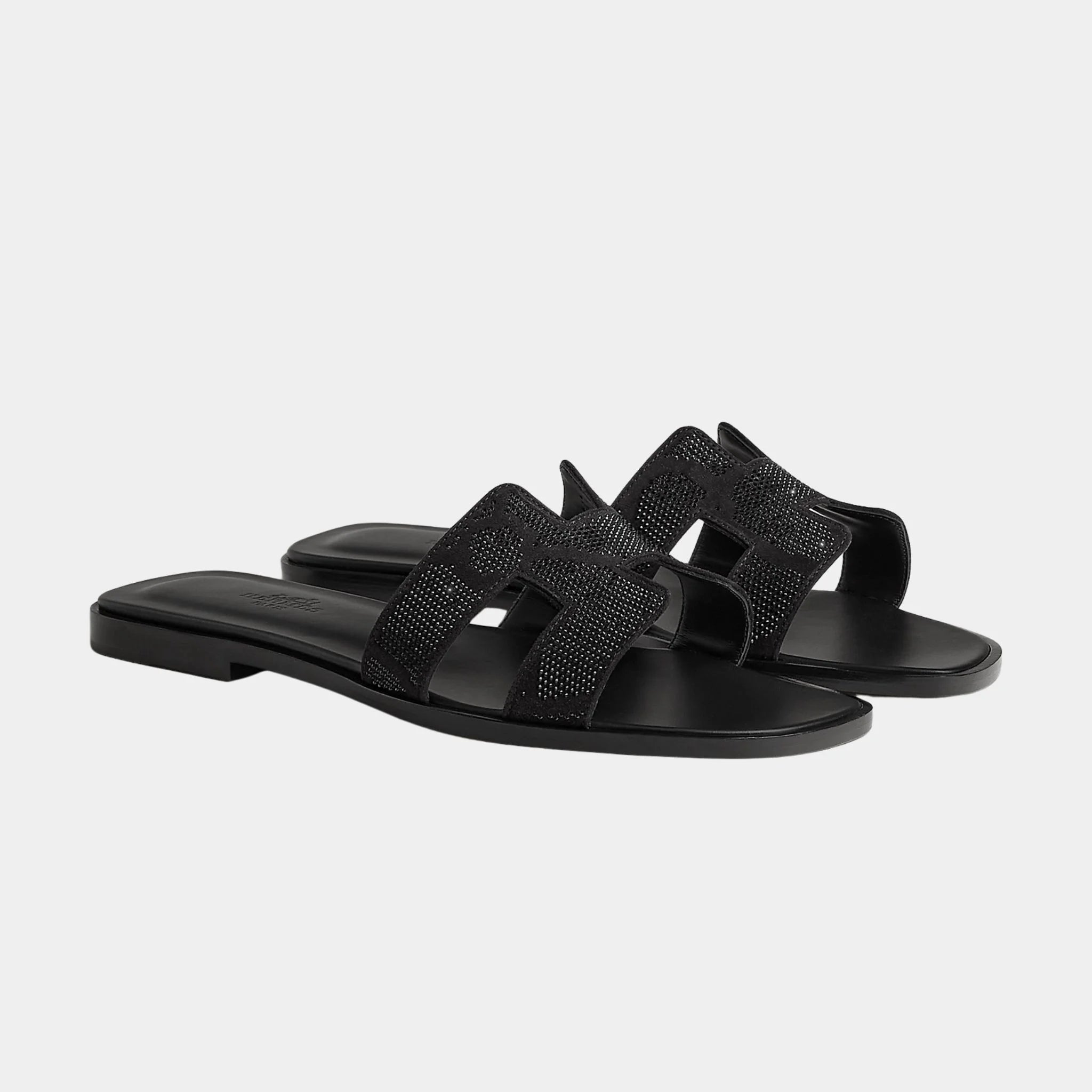 Hermes Oran Sandal in Suede with Figure Artistique Rhinestone, Noir, Front