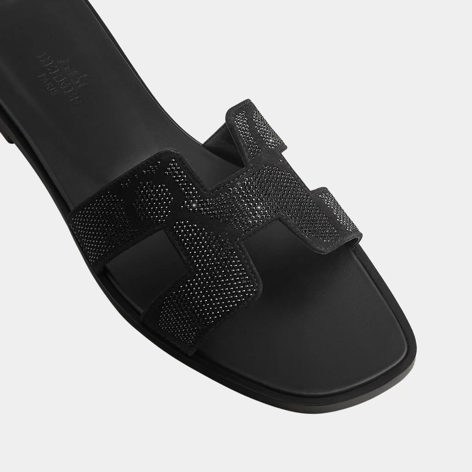 Hermes Oran Sandal in Suede with Figure Artistique Rhinestone, Noir, Top