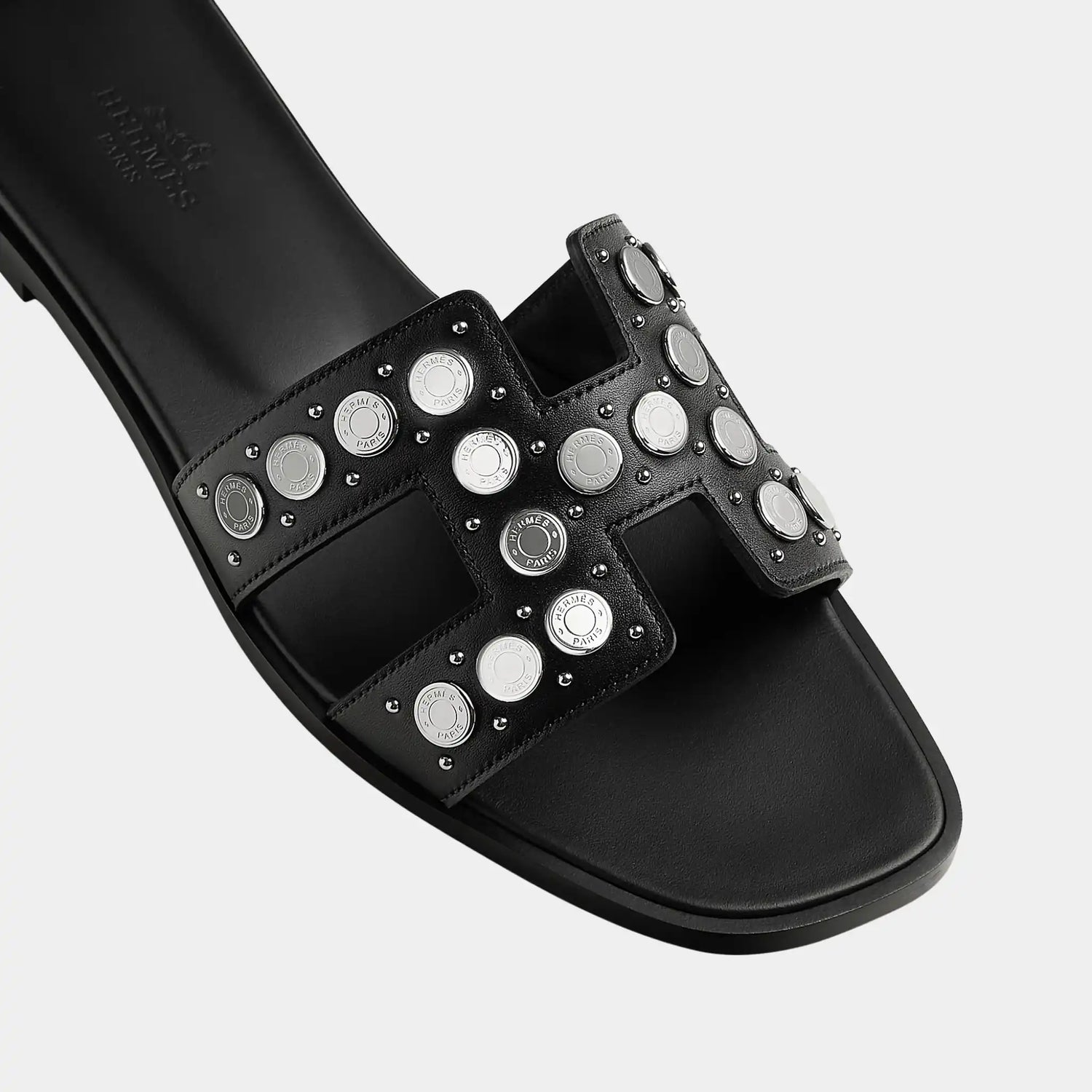 Hermes Oran Sandal in Calfskin with Clou de Selle Studs, Noir, Top