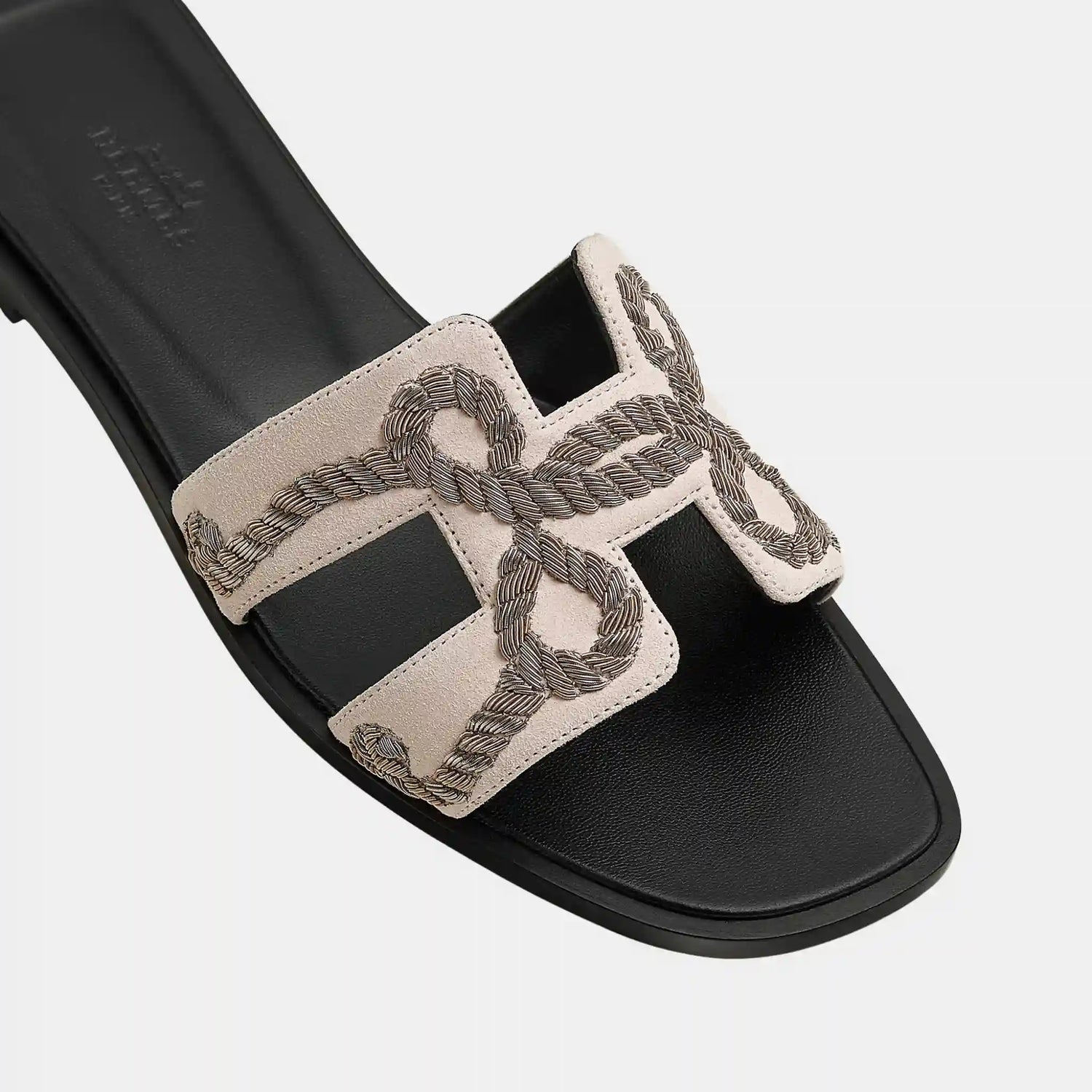Hermes Oran Sandal in Suede Goatskin and Dabka, Rose Palomino, Top