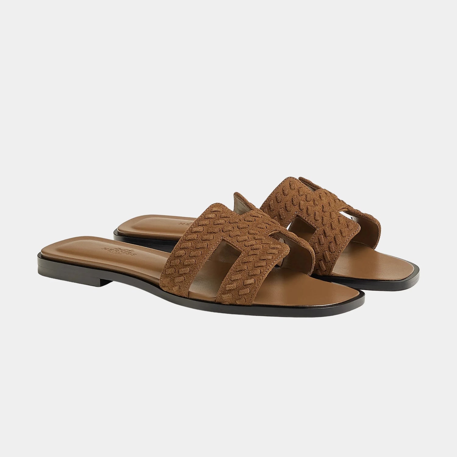 Hermes Oran Sandals in Braided Goat Suede, Brun Fume, Front