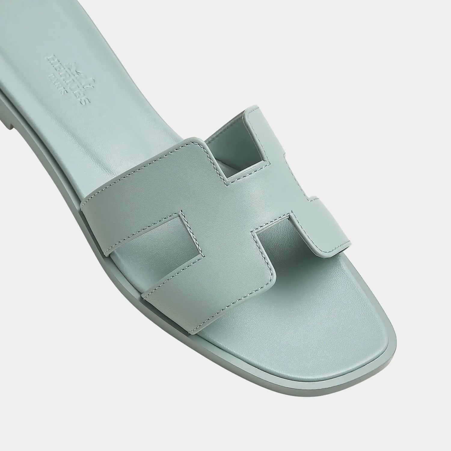Hermes Oran Sandals in Calfskin with Iconic H Cutout, Bleu Glacier, Top