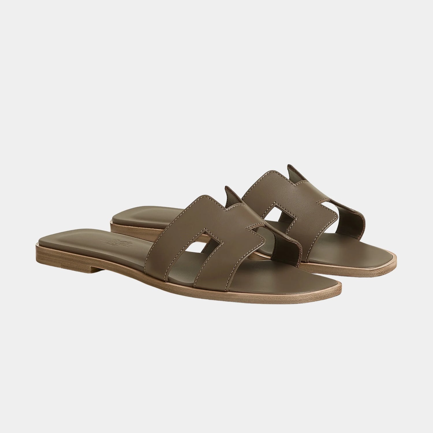 Hermes Oran Sandals in Calfskin with Iconic H Cutout, Etoupe, Front