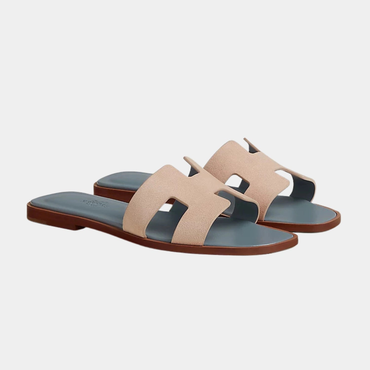 Hermes Oran Sandals in Duo Tone Suede Goatskin, Beige Nude, Bleu Galet, Front