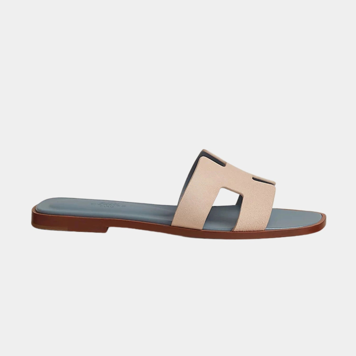 Hermes Oran Sandals in Duo Tone Suede Goatskin, Beige Nude, Bleu Galet, Side