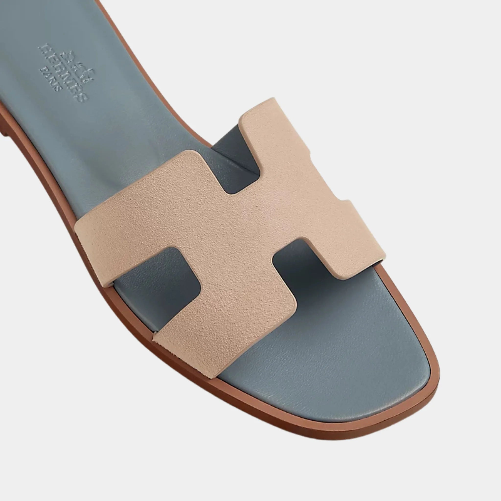 Hermes Oran Sandals in Duo Tone Suede Goatskin, Beige Nude, Bleu Galet, Top