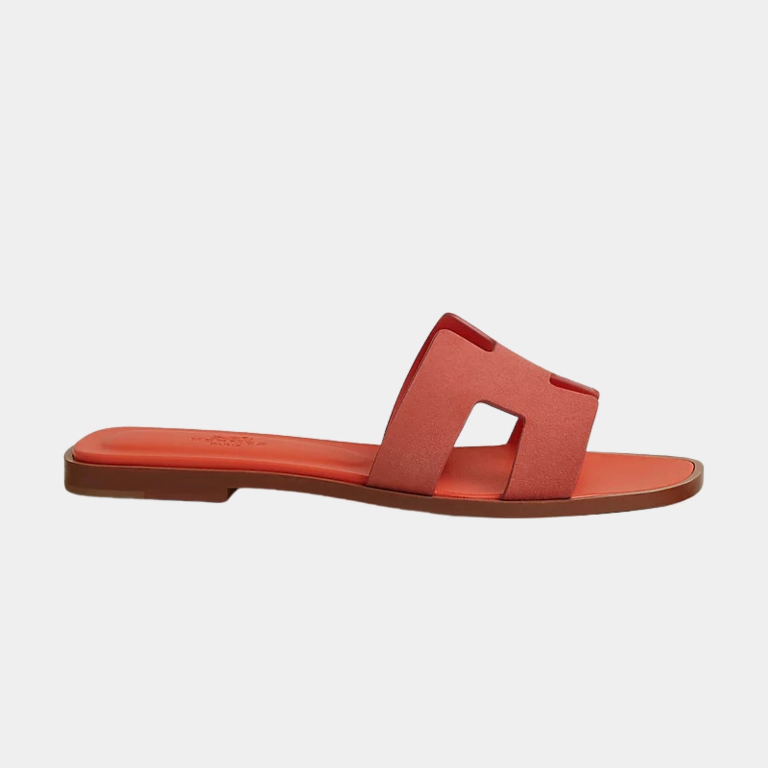 Hermes Oran Sandals in Duo Tone Suede Goatskin, Rose Anqtique, Orange H, Side