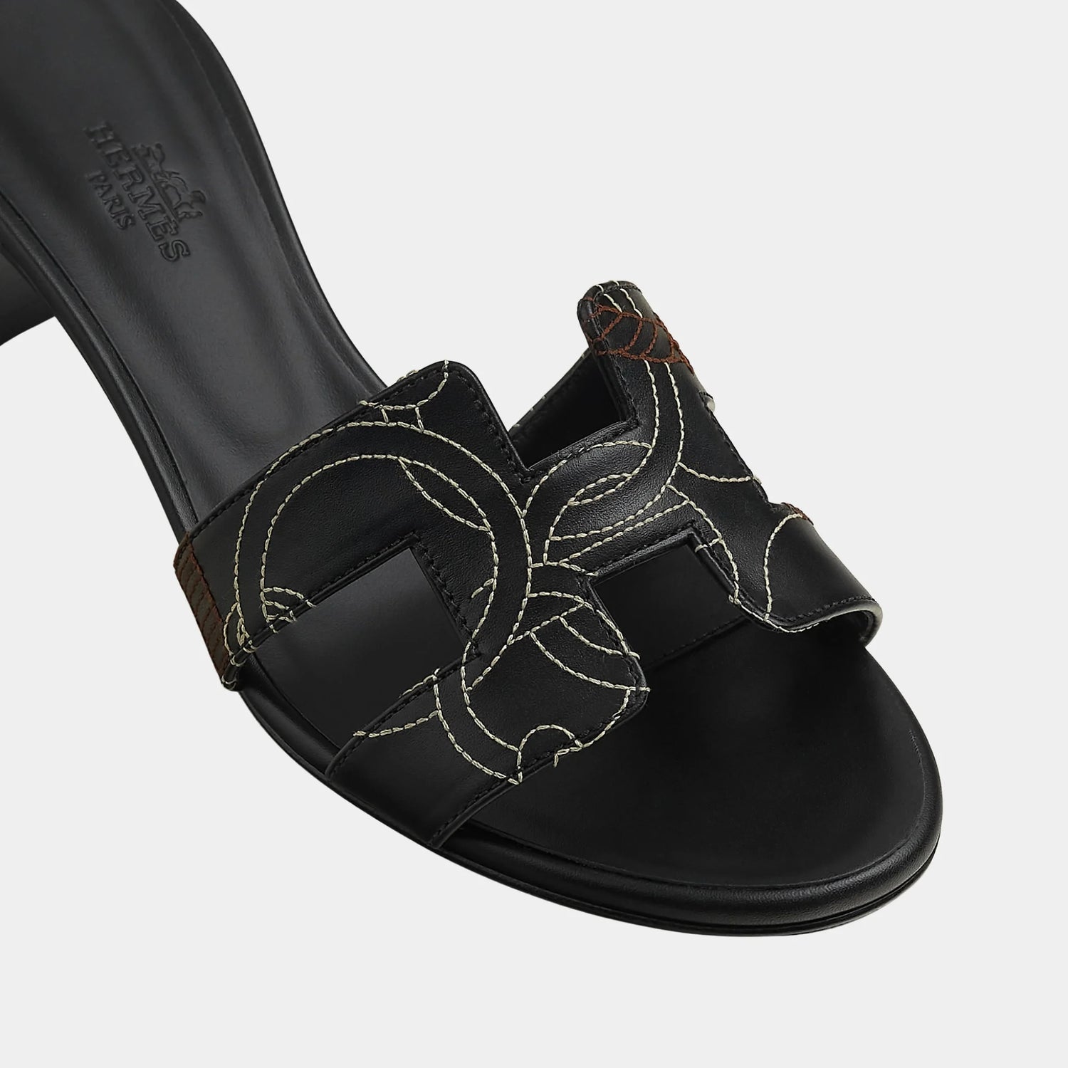 Hermes Oran Sandals in Equestrian Panoply Embroidered Calfskin, Noir, Top