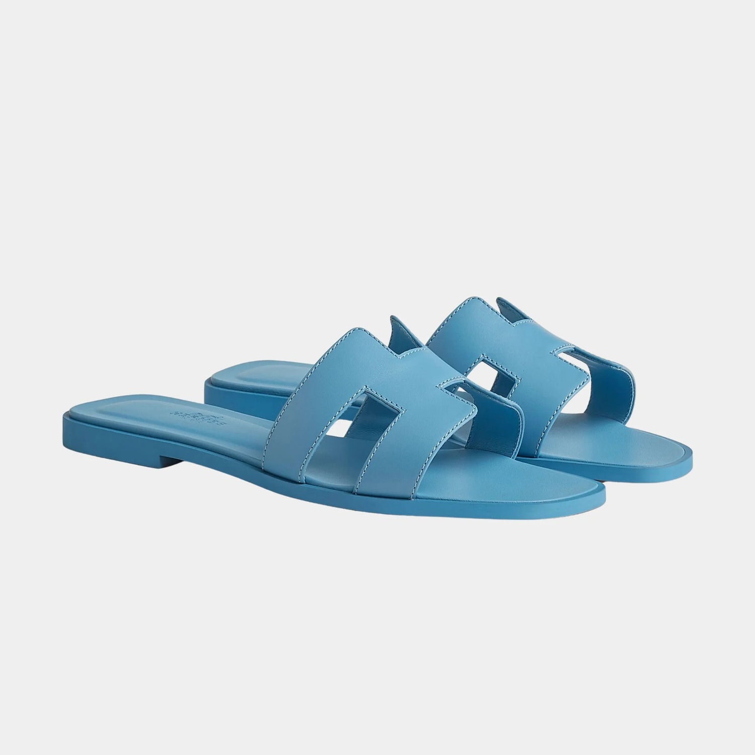 Hermes Oran Sandals In Calfskin, Bleu Cameo, Front