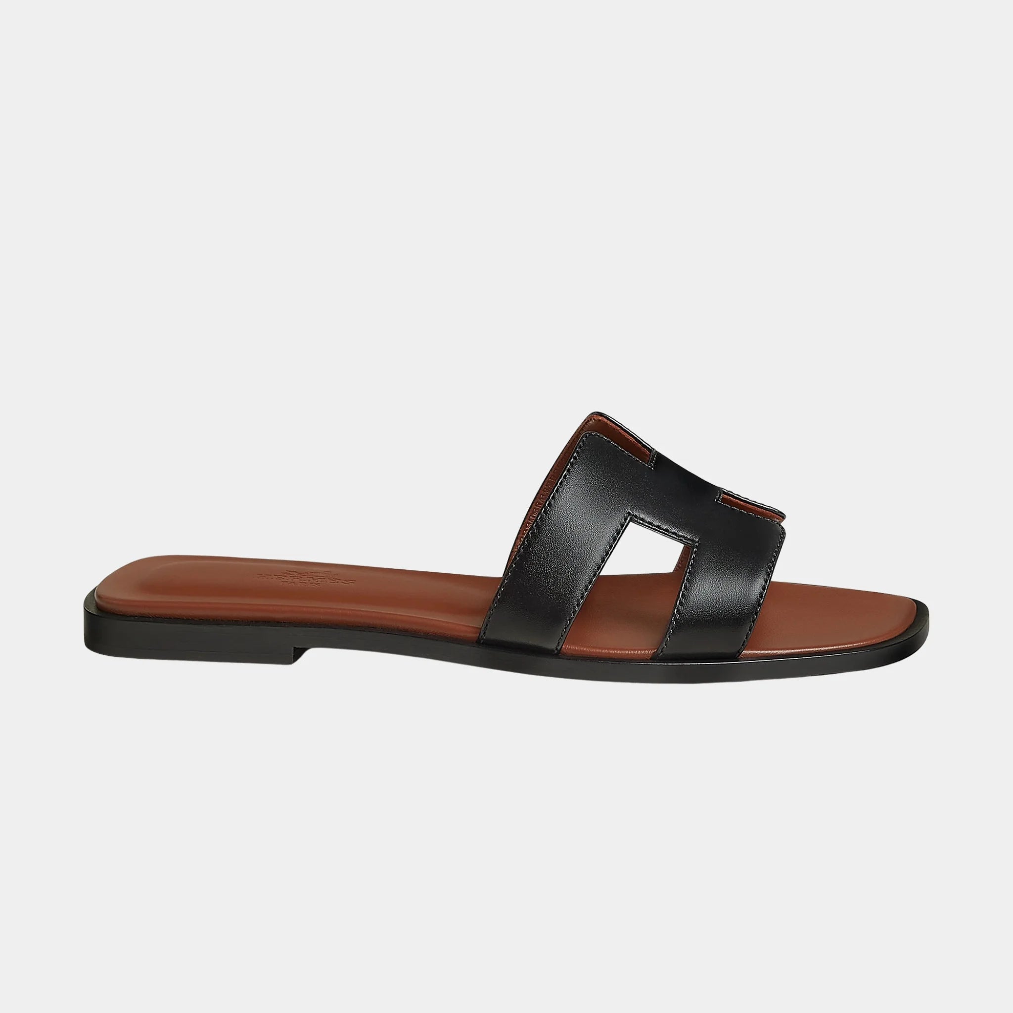 Hermes Oran Sandals In Calfskin, Noir, Gold, Side