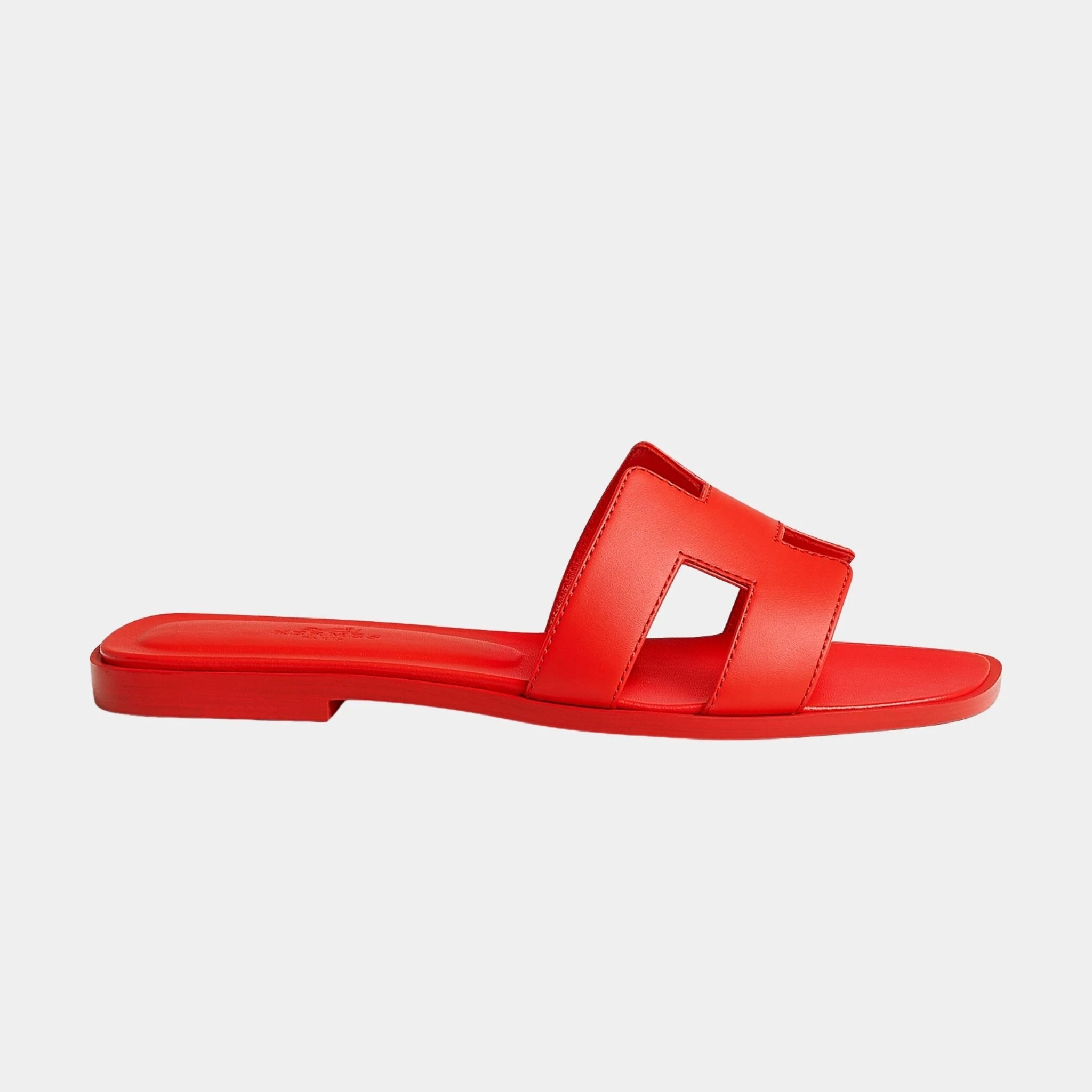 Hermes Oran Sandals In Calfskin, Rouge Grenadine, Side